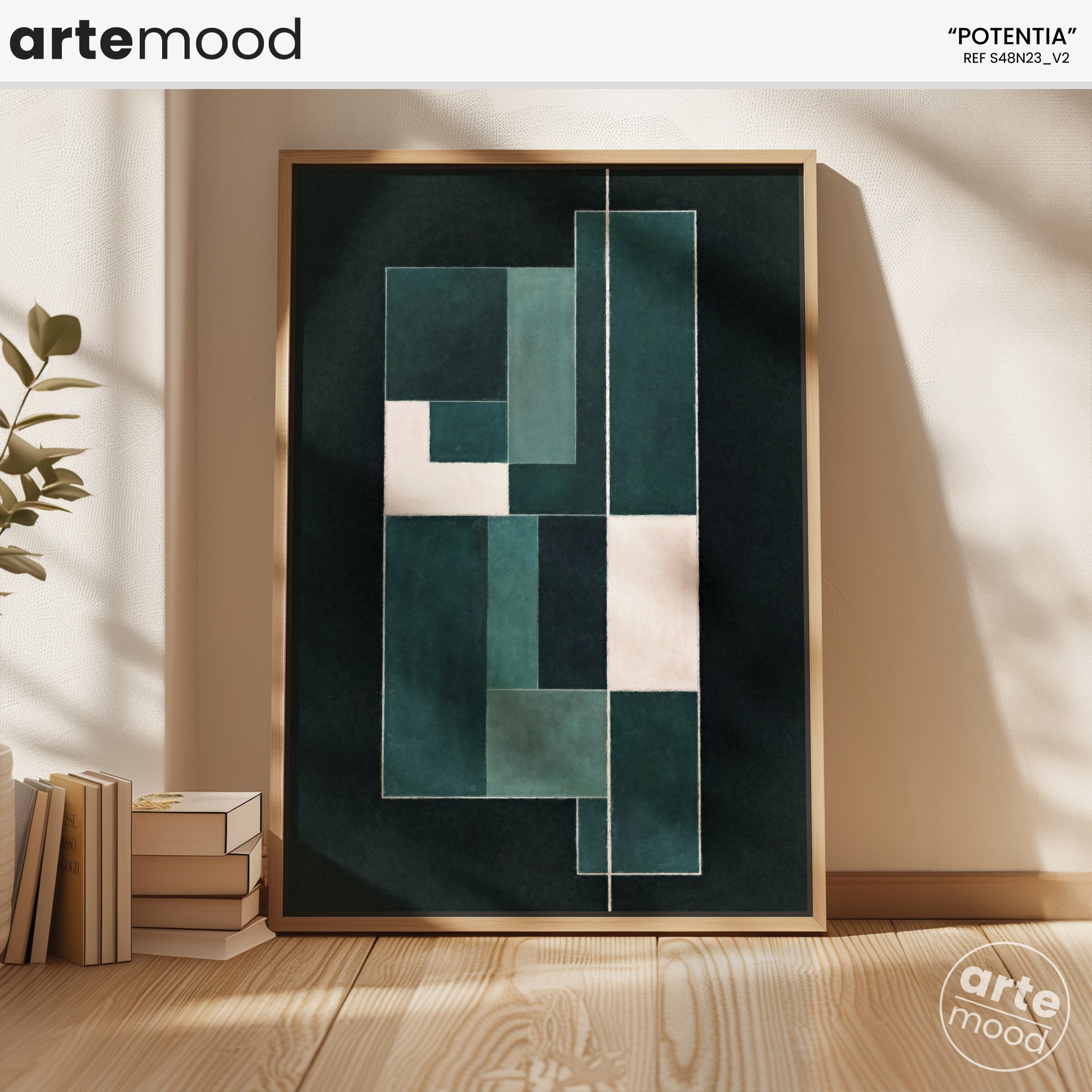 Abstract Artwork Print On Canvas - Minimalist Geometric Modern Art - Architectural Composition Blue Green Dark Chic