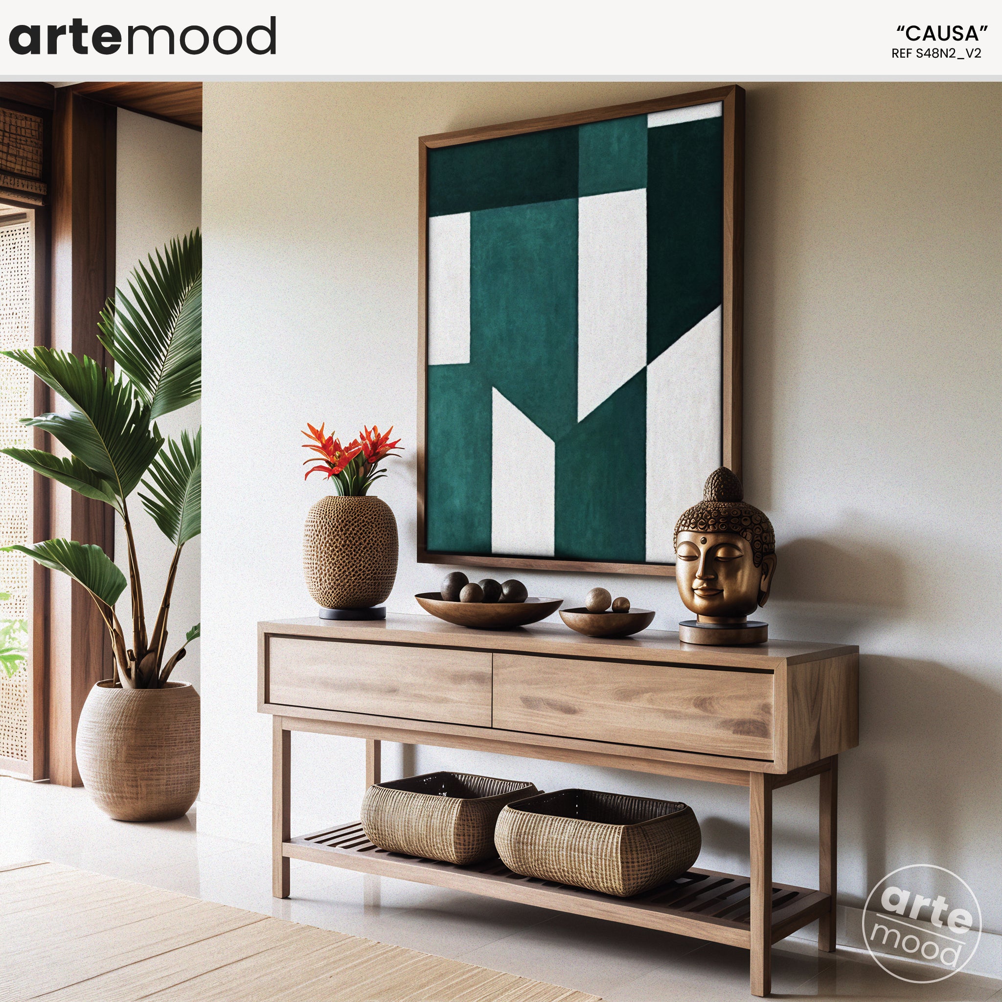 Abstract Artwork Print - Modern Art Canvas - Geometric Minimalist Art - Green & White - Zen