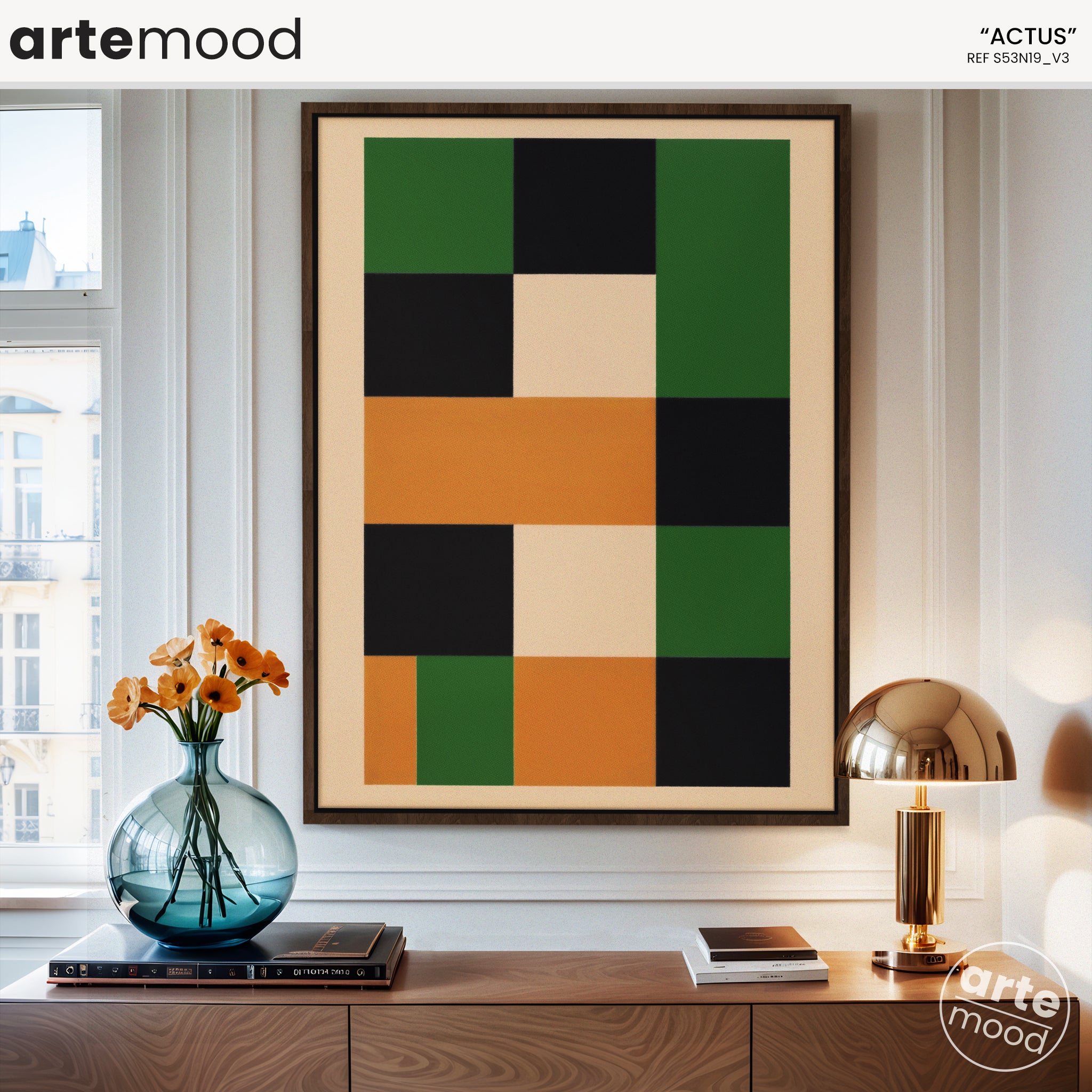 Abstract Artwork Print On Canvas - Minimalist Geometric Modern Art - Orange, Green, Black, Contemporary Wall Art