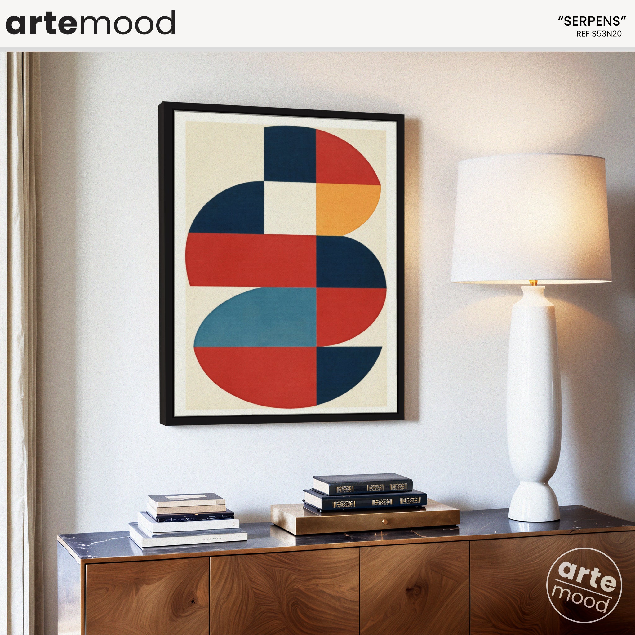 Abstract Artwork Print On Canvas - Minimalist Geometric Modern Art - Blue, Red, White, Curve Shapes, Round Forms Bauhaus Wall Art