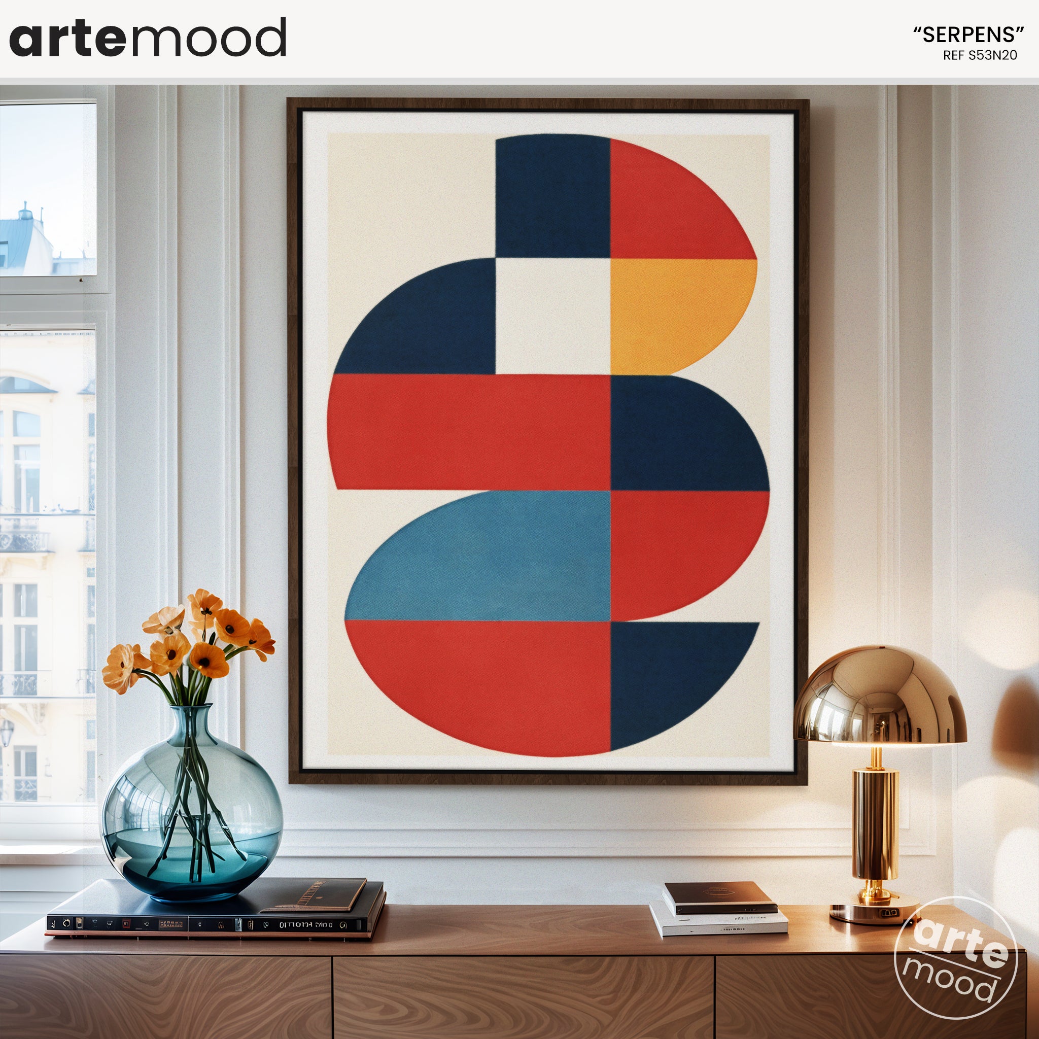 Abstract Artwork Print On Canvas - Minimalist Geometric Modern Art - Blue, Red, White, Curve Shapes, Round Forms Bauhaus Wall Art