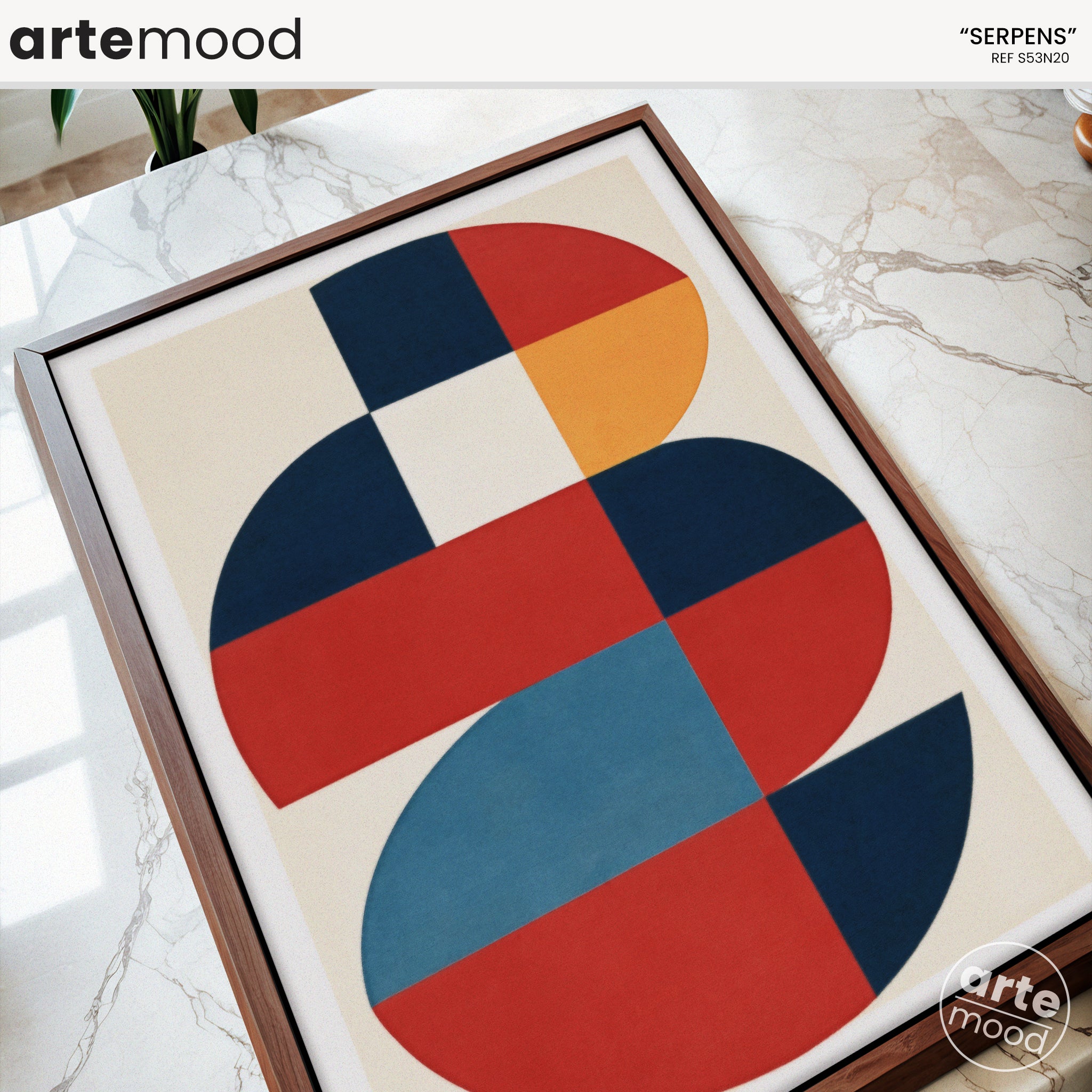 Abstract Artwork Print On Canvas - Minimalist Geometric Modern Art - Blue, Red, White, Curve Shapes, Round Forms Bauhaus Wall Art