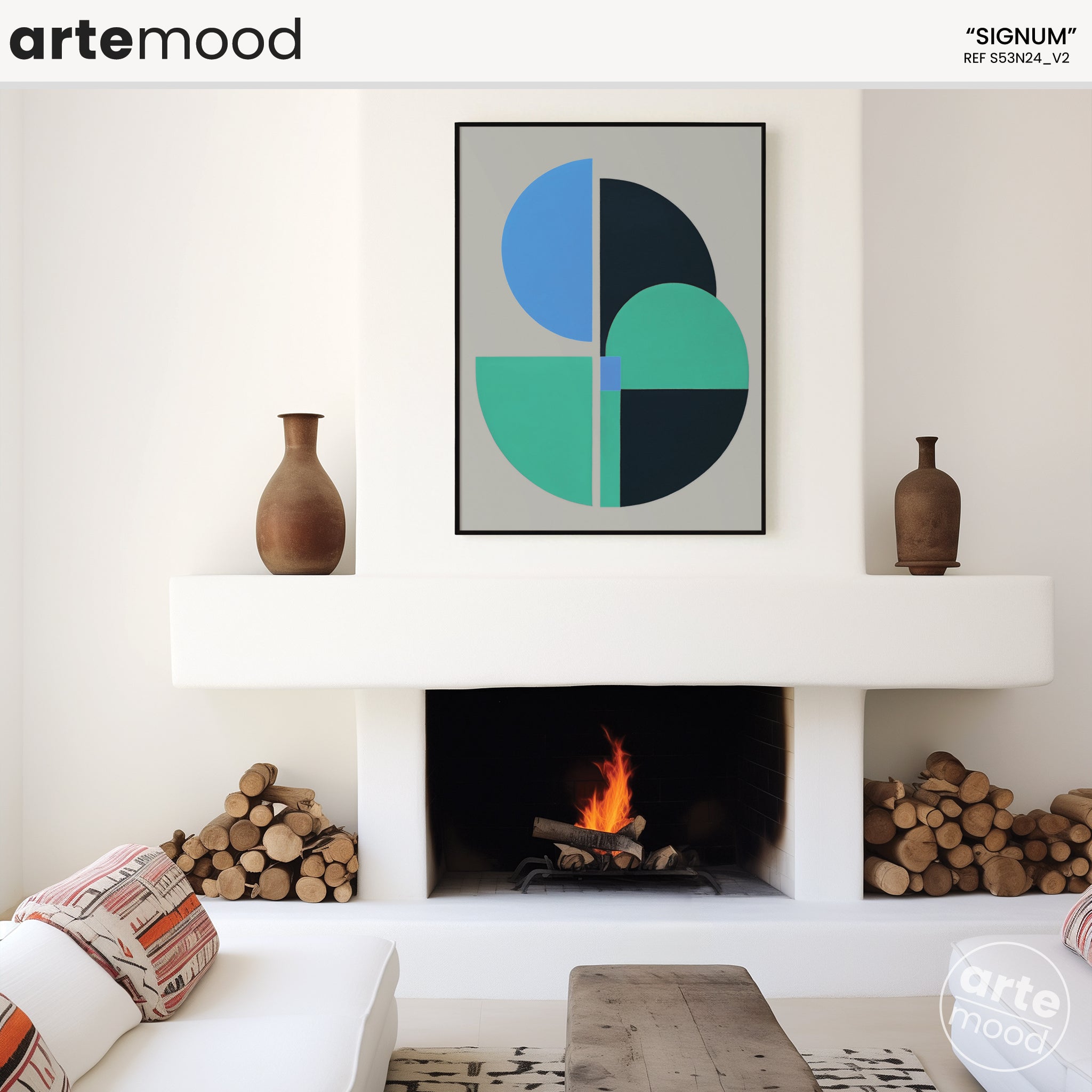 Abstract Artwork Print On Canvas - Minimalist Geometric Modern Art Composition - Grey, Blue, Green, Black