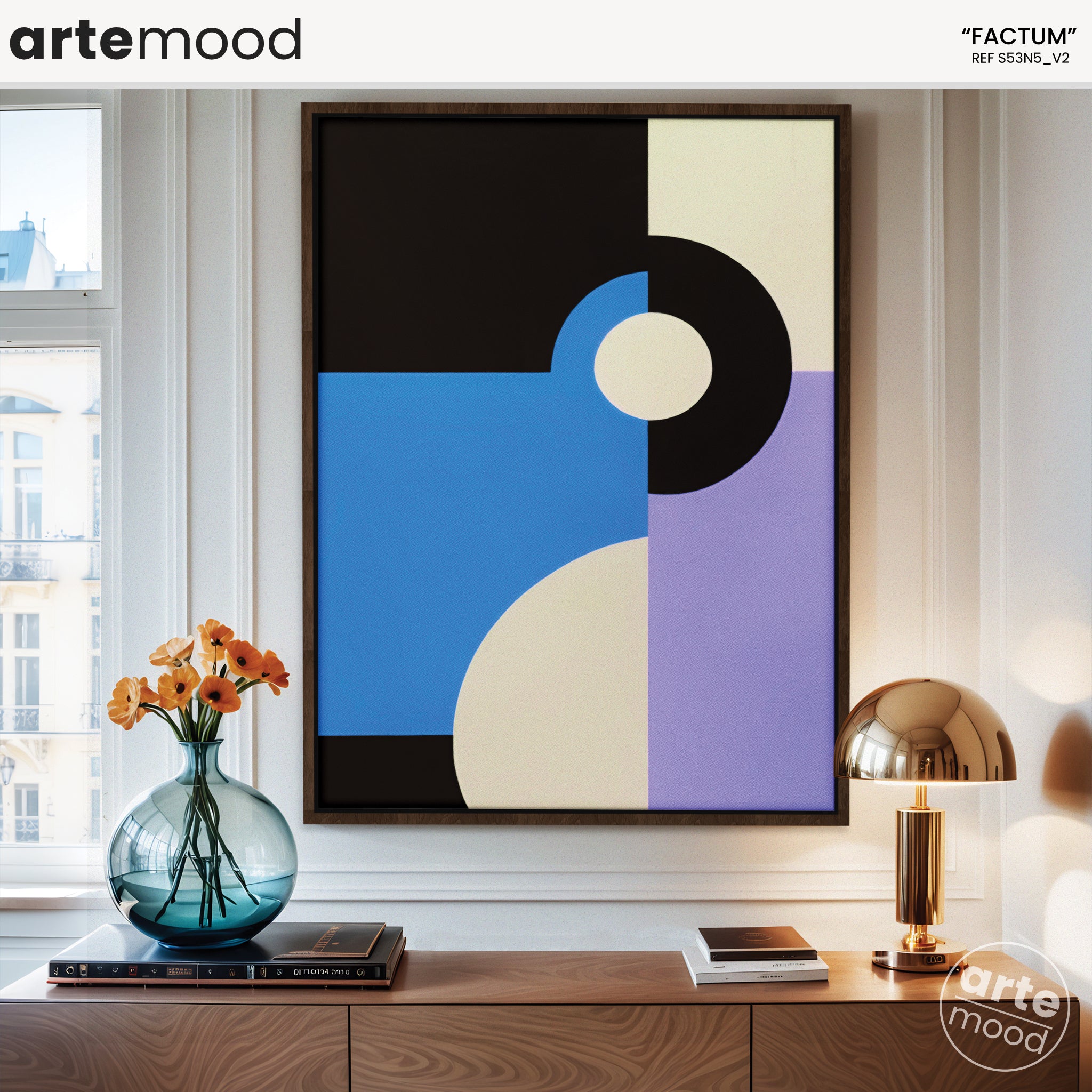 Abstract Artwork Print - Modern Art Canvas - Geometric Minimal Art - Circle Composition - Blue, Violet, Black White Wall Art