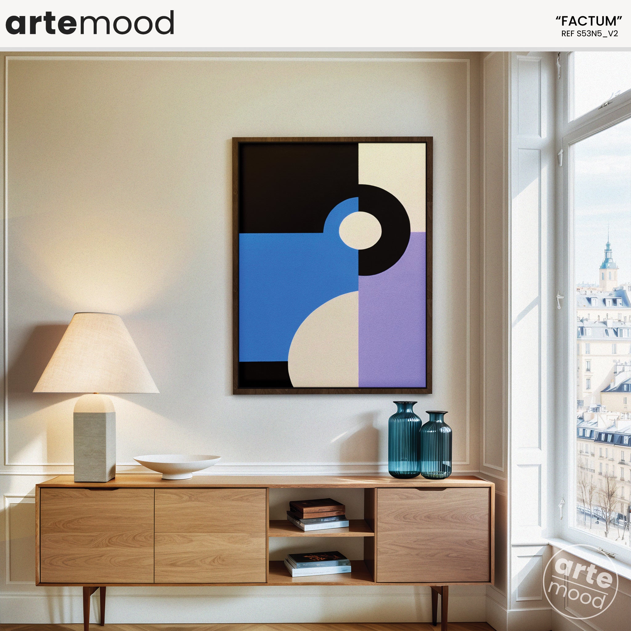 Abstract Artwork Print - Modern Art Canvas - Geometric Minimal Art - Circle Composition - Blue, Violet, Black White Wall Art