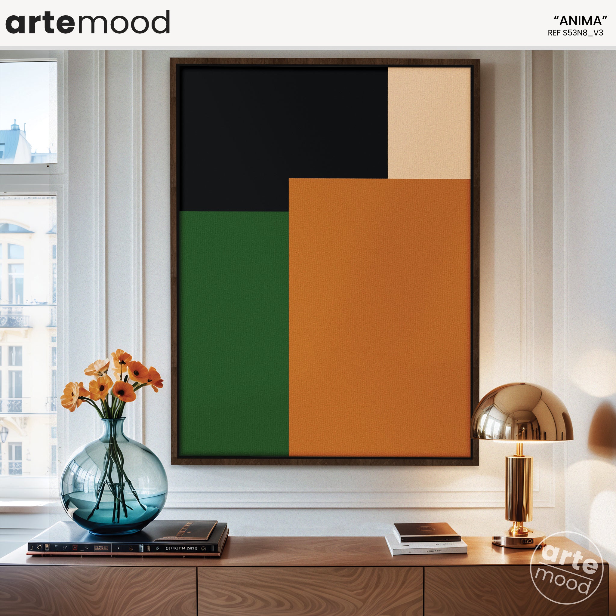 Abstract Artwork Print On Canvas - Minimalist Geometric Modern Art - Orange, Green, Black Minimal Wall Art Canvas