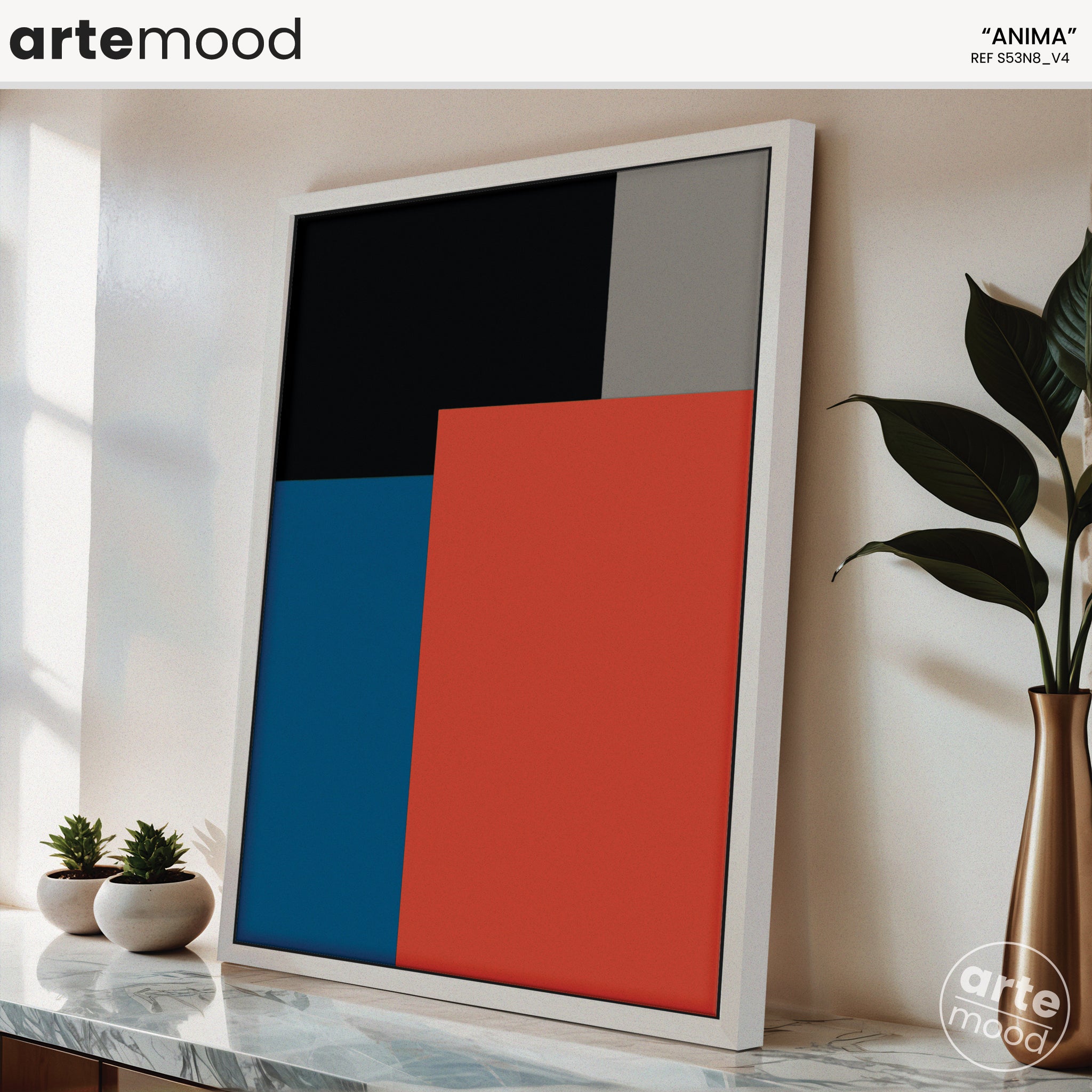 Abstract Artwork Print On Canvas - Minimalist Geometric Modern Art - Orange, Blue, Black, Grey - Contemporary Composition Color Block