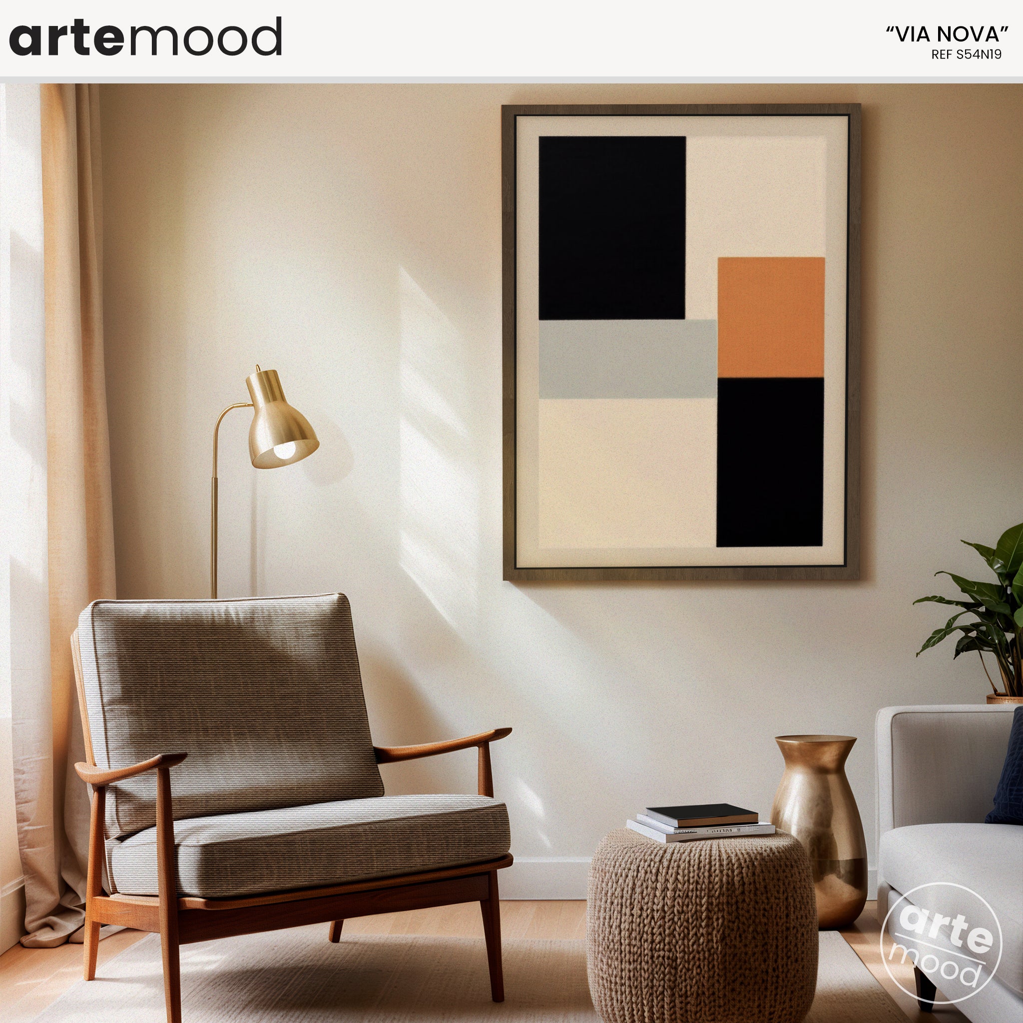 Abstract Artwork Print On Canvas - Minimalist Geometric Modern Art - Black, White, Orange, Minimal Compositon