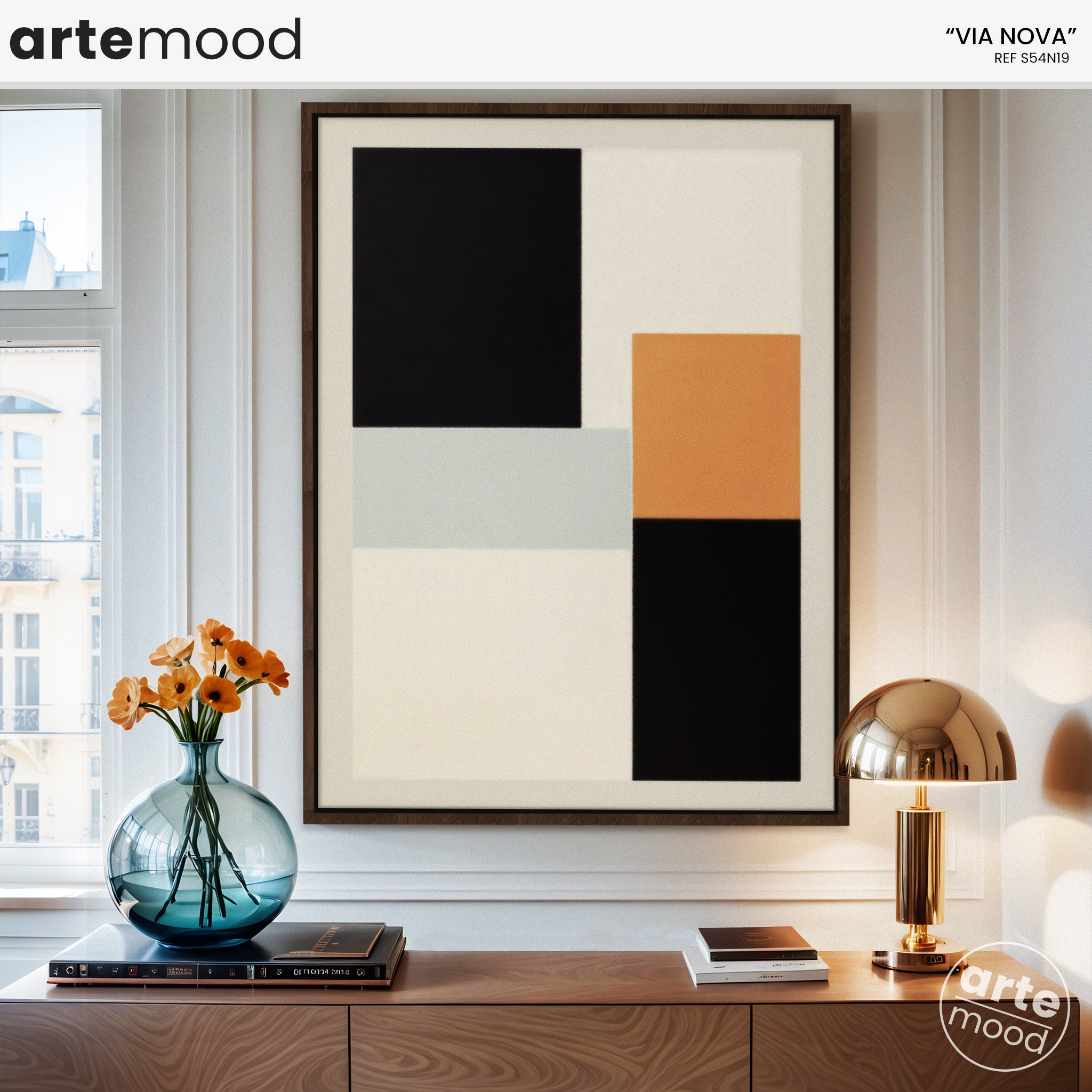 Abstract Artwork Print On Canvas - Minimalist Geometric Modern Art - Black, White, Orange, Minimal Compositon