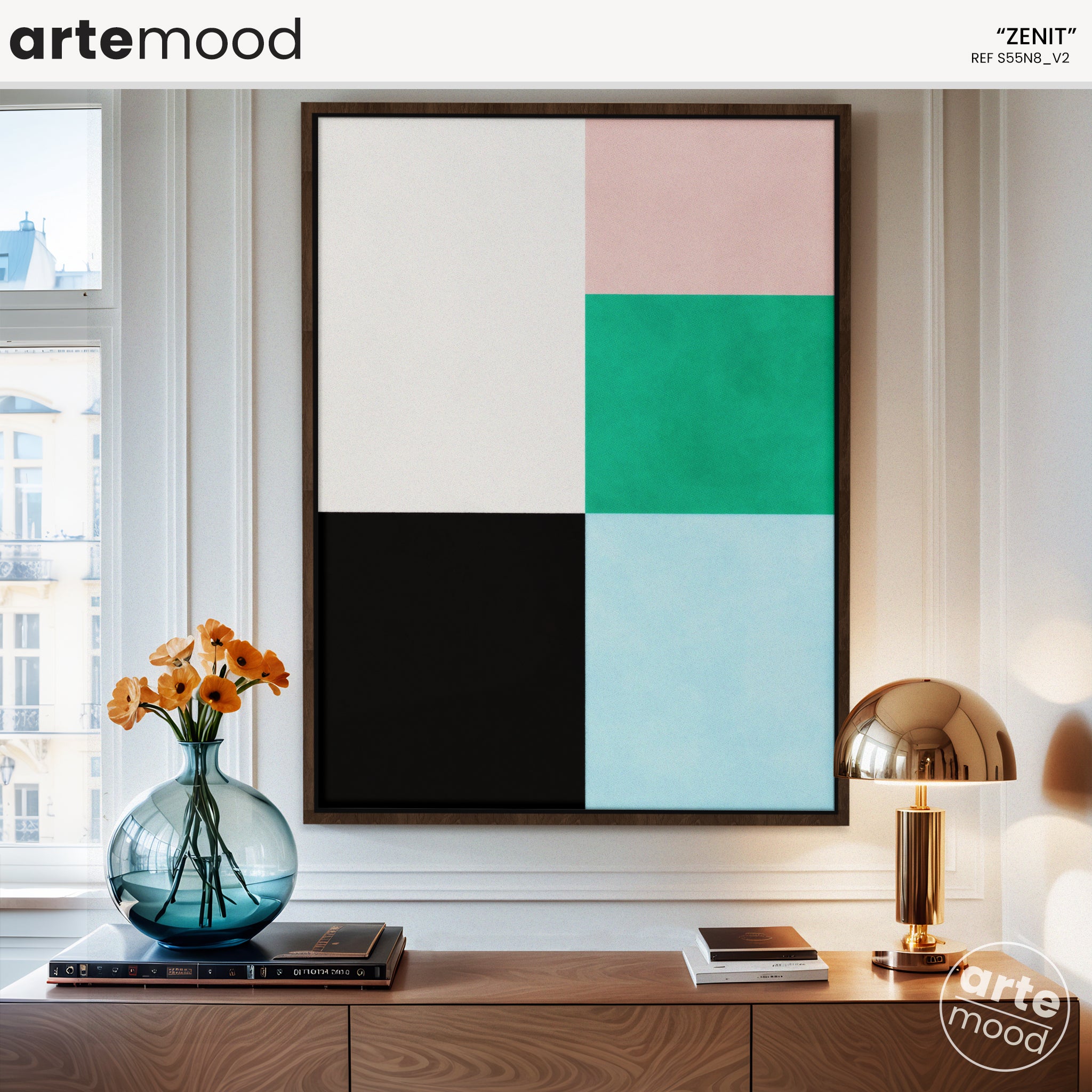 Abstract Artwork Print On Canvas - Minimalist Geometric Modern Art - Green, Pink, Blue, Black, White Minimal Wall Art