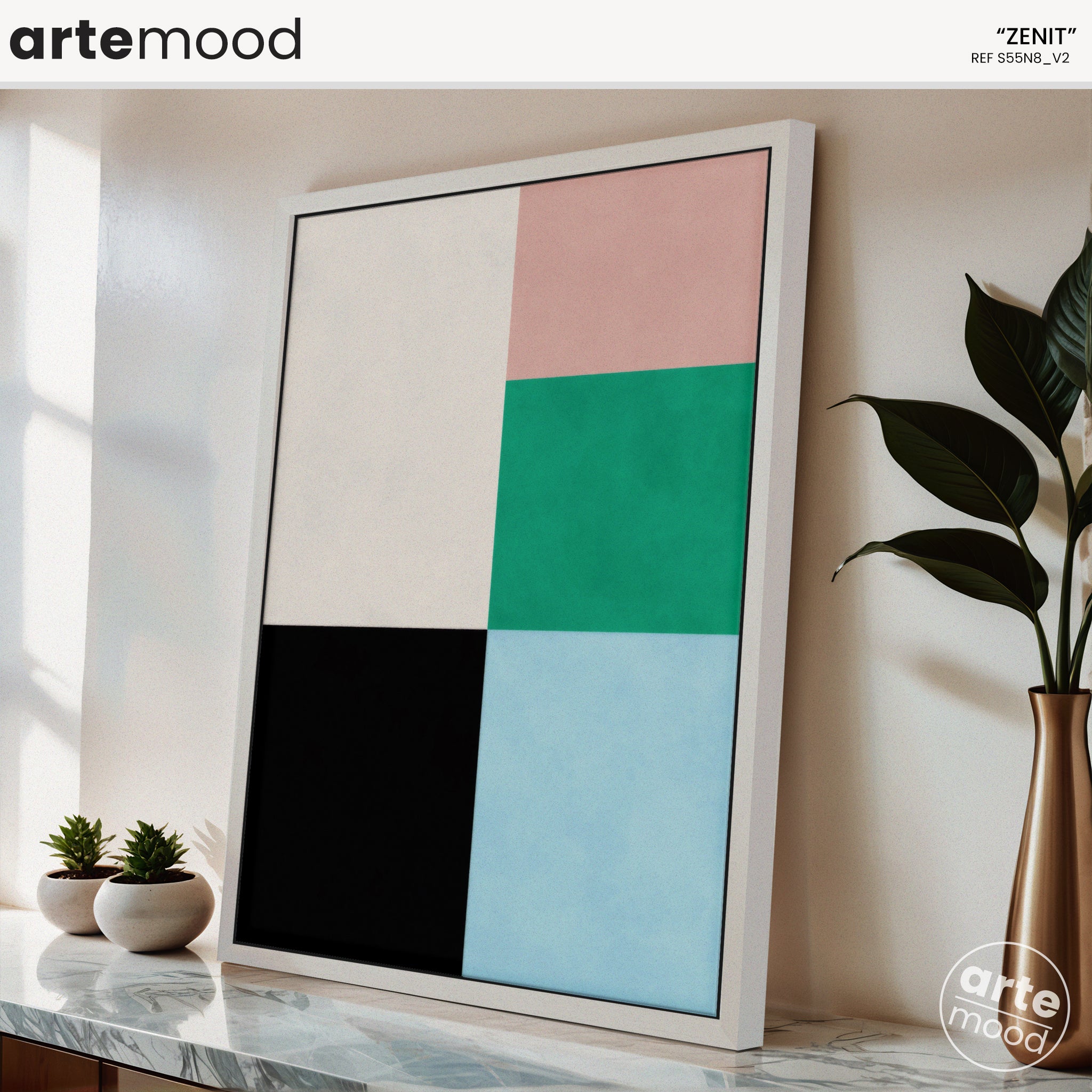 Abstract Artwork Print On Canvas - Minimalist Geometric Modern Art - Green, Pink, Blue, Black, White Minimal Wall Art