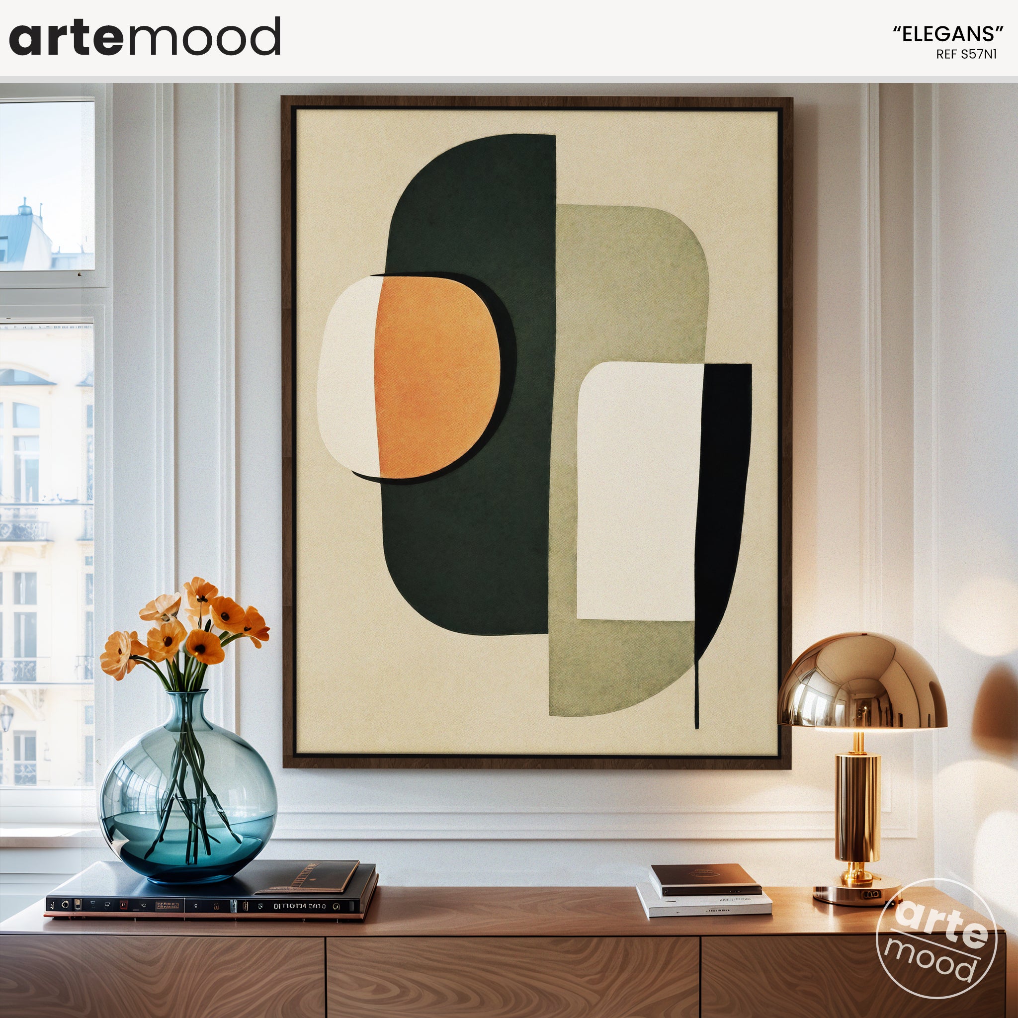 Abstract Artwork Print On Canvas - Minimalist Geometric Modern Art - Green, Orange, Minimal Forms Composition