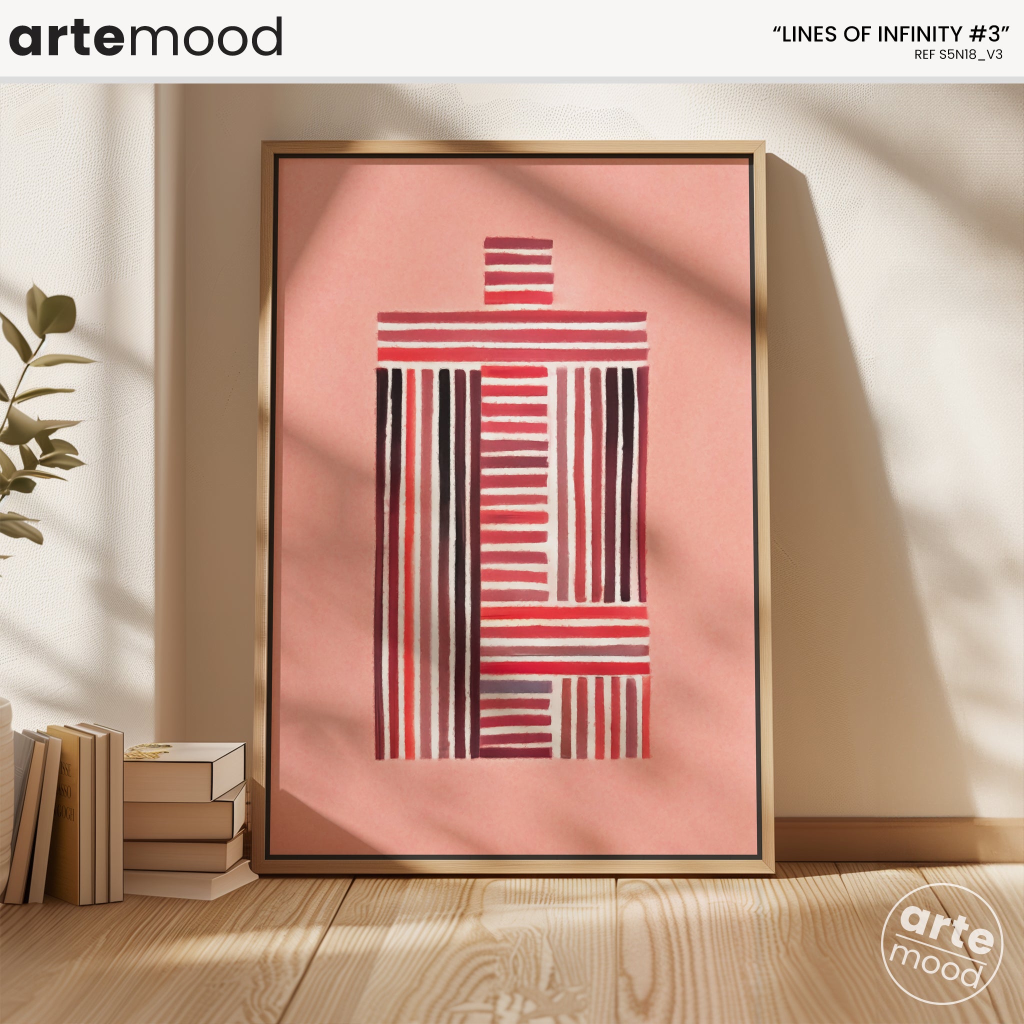 Abstract Artwork Print On Canvas - Minimalist Geometric Modern Art - Red Color, Serene Painting, Vertical Lines, Naive