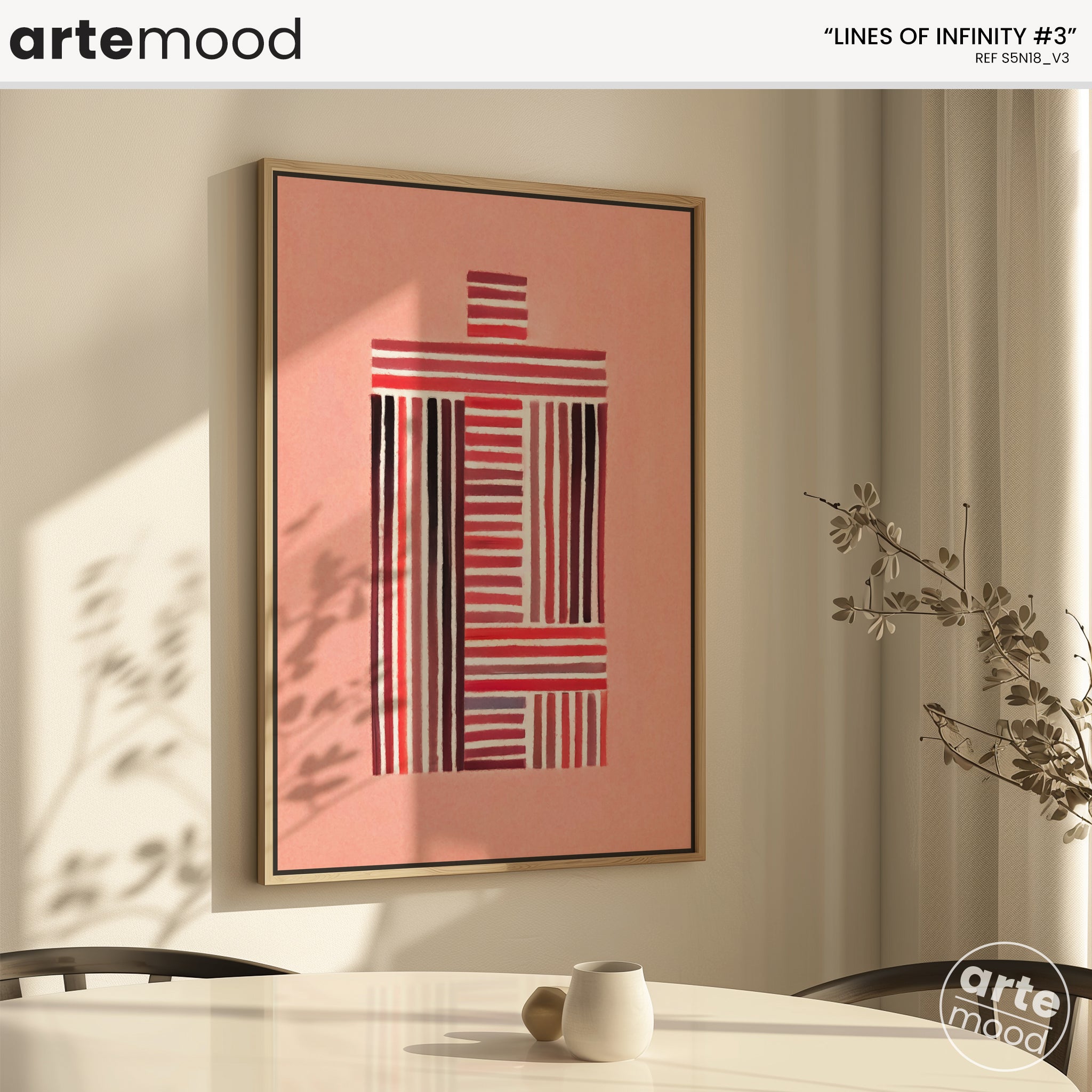 Abstract Artwork Print On Canvas - Minimalist Geometric Modern Art - Red Color, Serene Painting, Vertical Lines, Naive