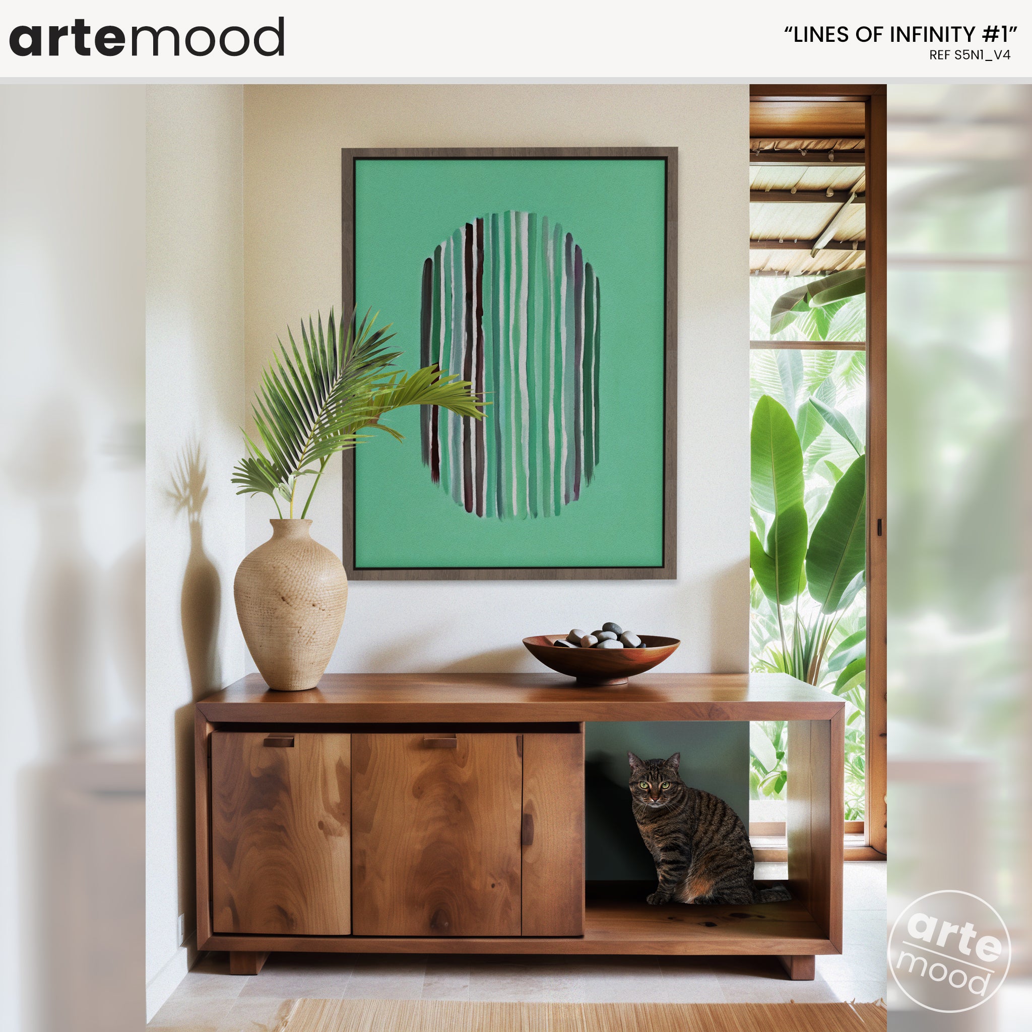 Abstract Artwork Print On Canvas - Minimalist Geometric Modern Art - Green, Vertical Lines, Minimal Composition Nature Art