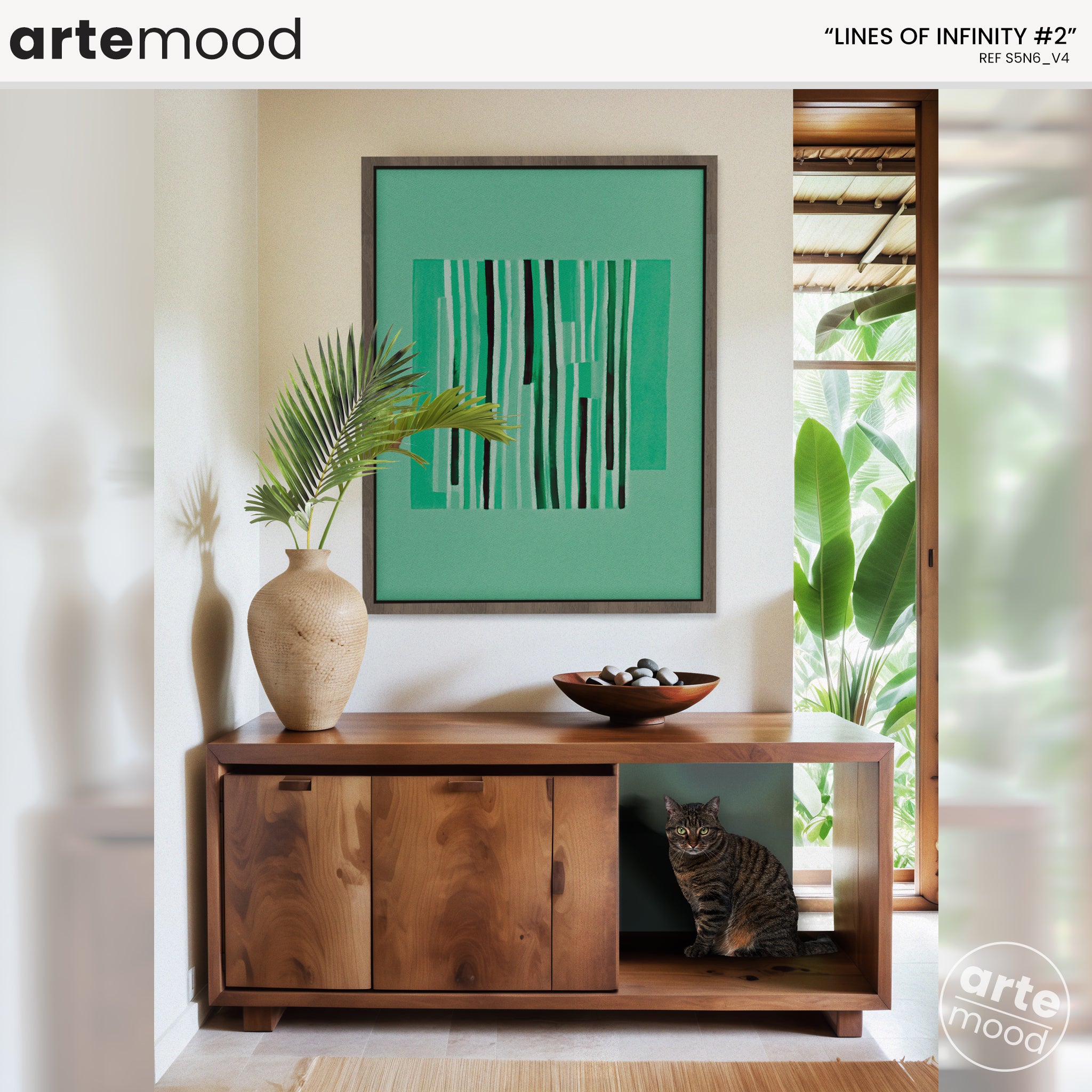 Abstract Artwork Print On Canvas - Minimalist Geometric Modern Art - Green Color, Vertical Lines, Chic Decor