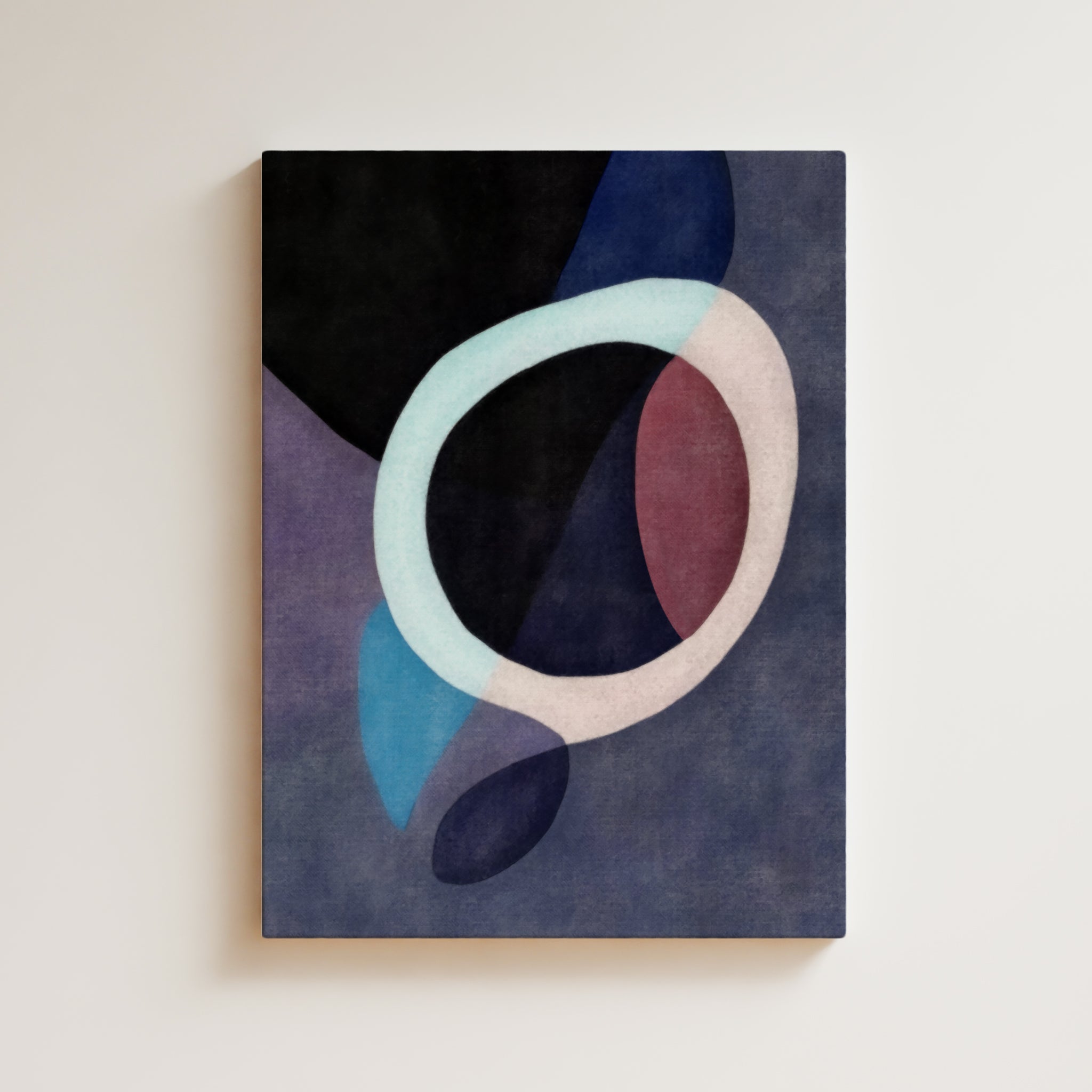 Abstract Artwork Print - Modern Art Canvas - Fluid Composition, Organic Forms, Soft Dark Tones, Light Circle