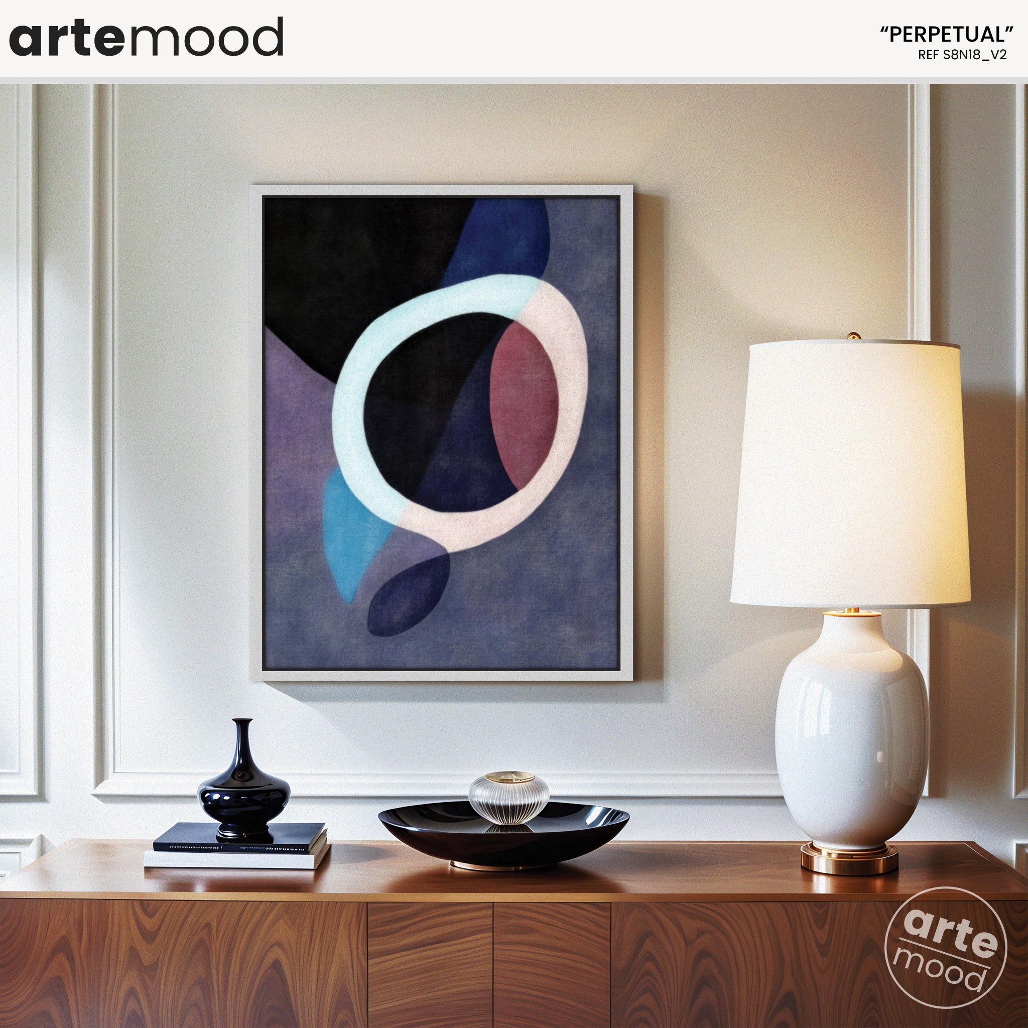 Abstract Artwork Print - Modern Art Canvas - Fluid Composition, Organic Forms, Soft Dark Tones, Light Circle