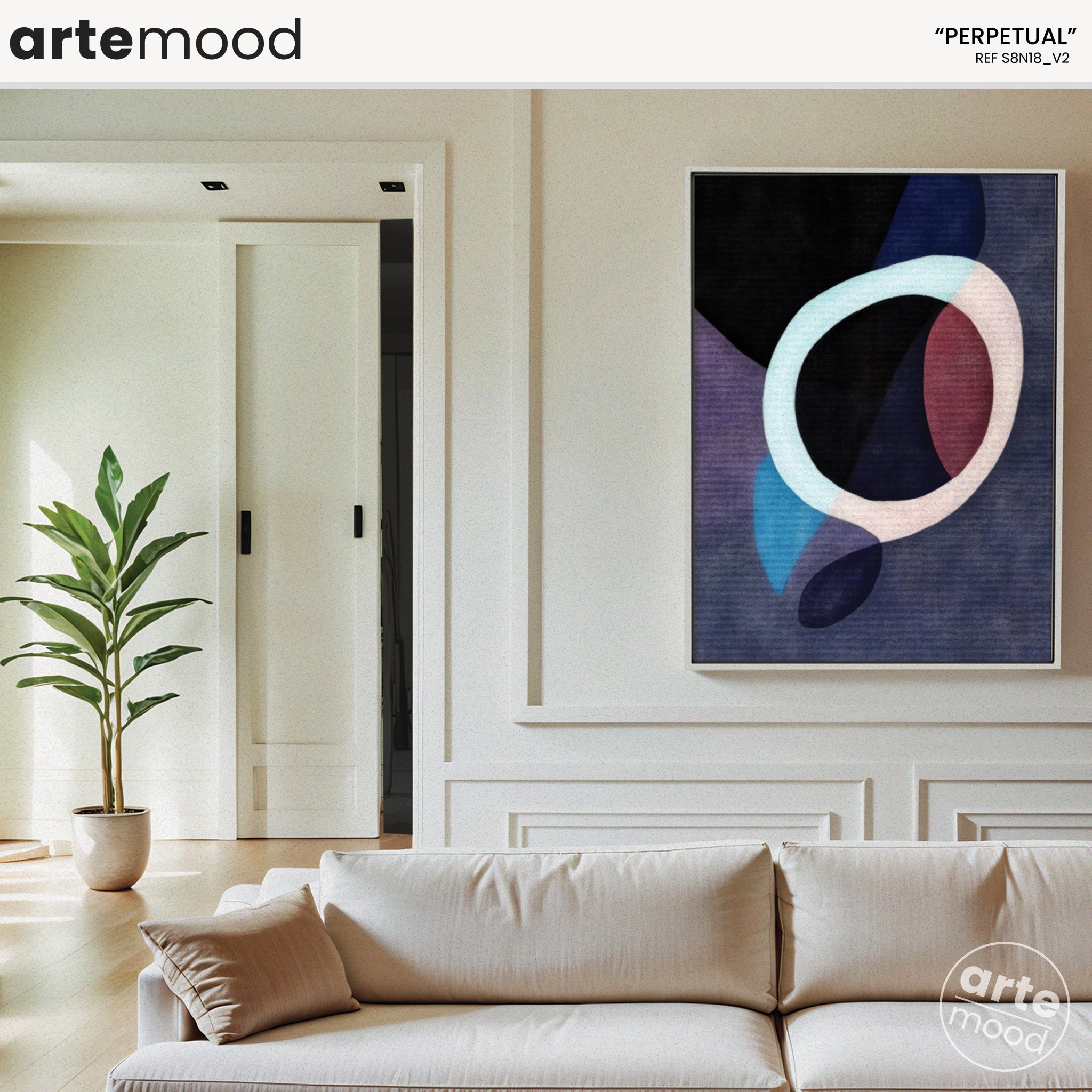 Abstract Artwork Print - Modern Art Canvas - Fluid Composition, Organic Forms, Soft Dark Tones, Light Circle