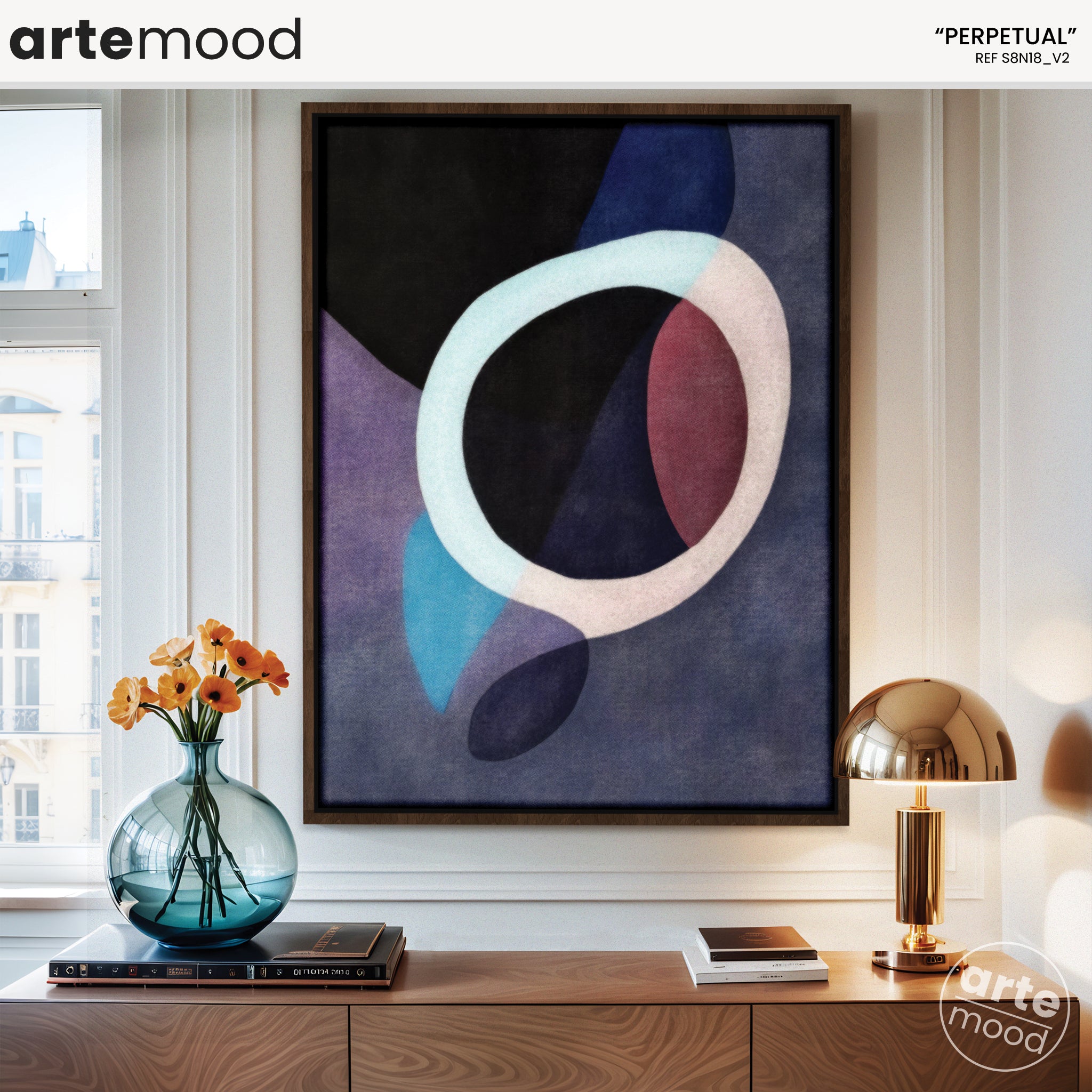 Abstract Artwork Print - Modern Art Canvas - Fluid Composition, Organic Forms, Soft Dark Tones, Light Circle