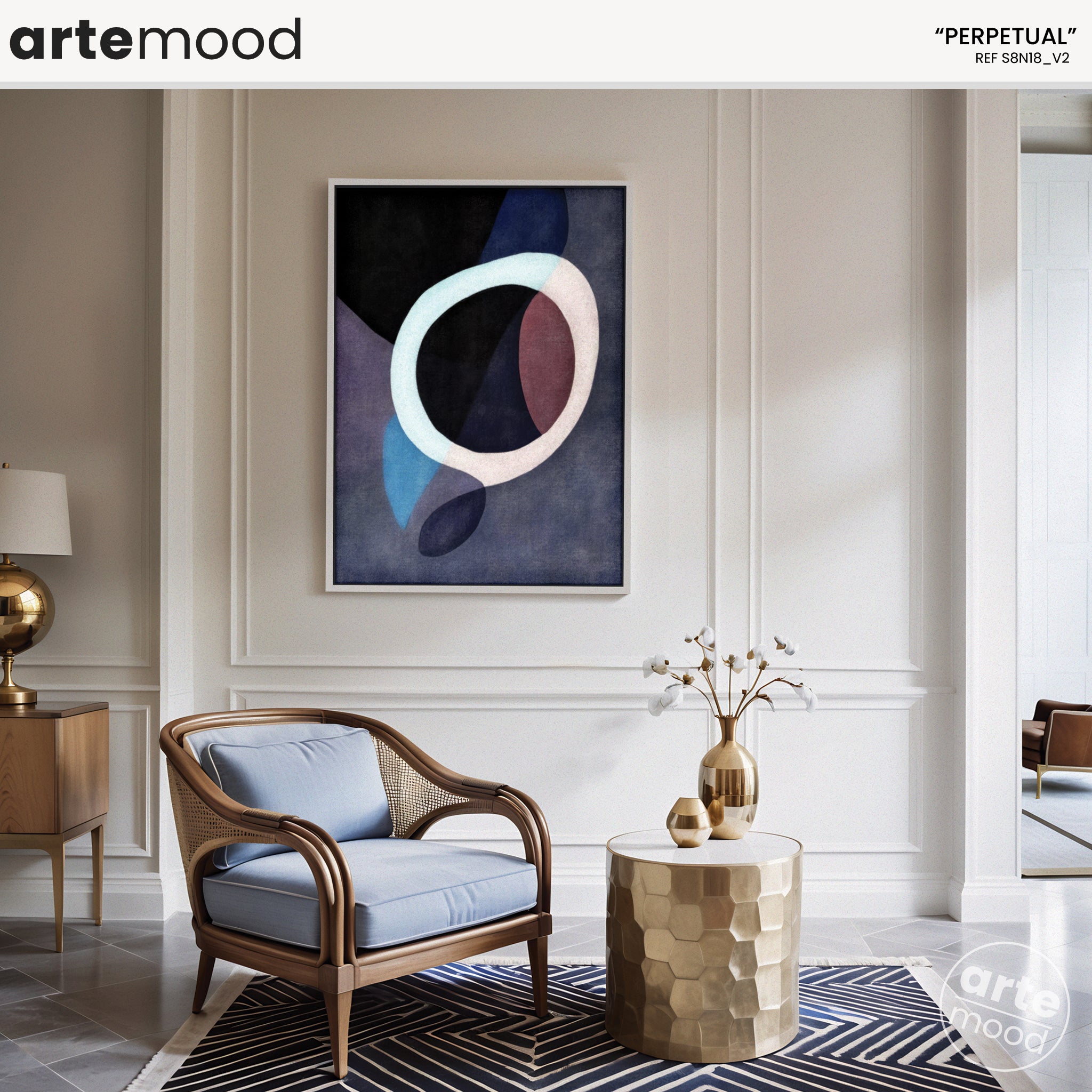 Abstract Artwork Print - Modern Art Canvas - Fluid Composition, Organic Forms, Soft Dark Tones, Light Circle