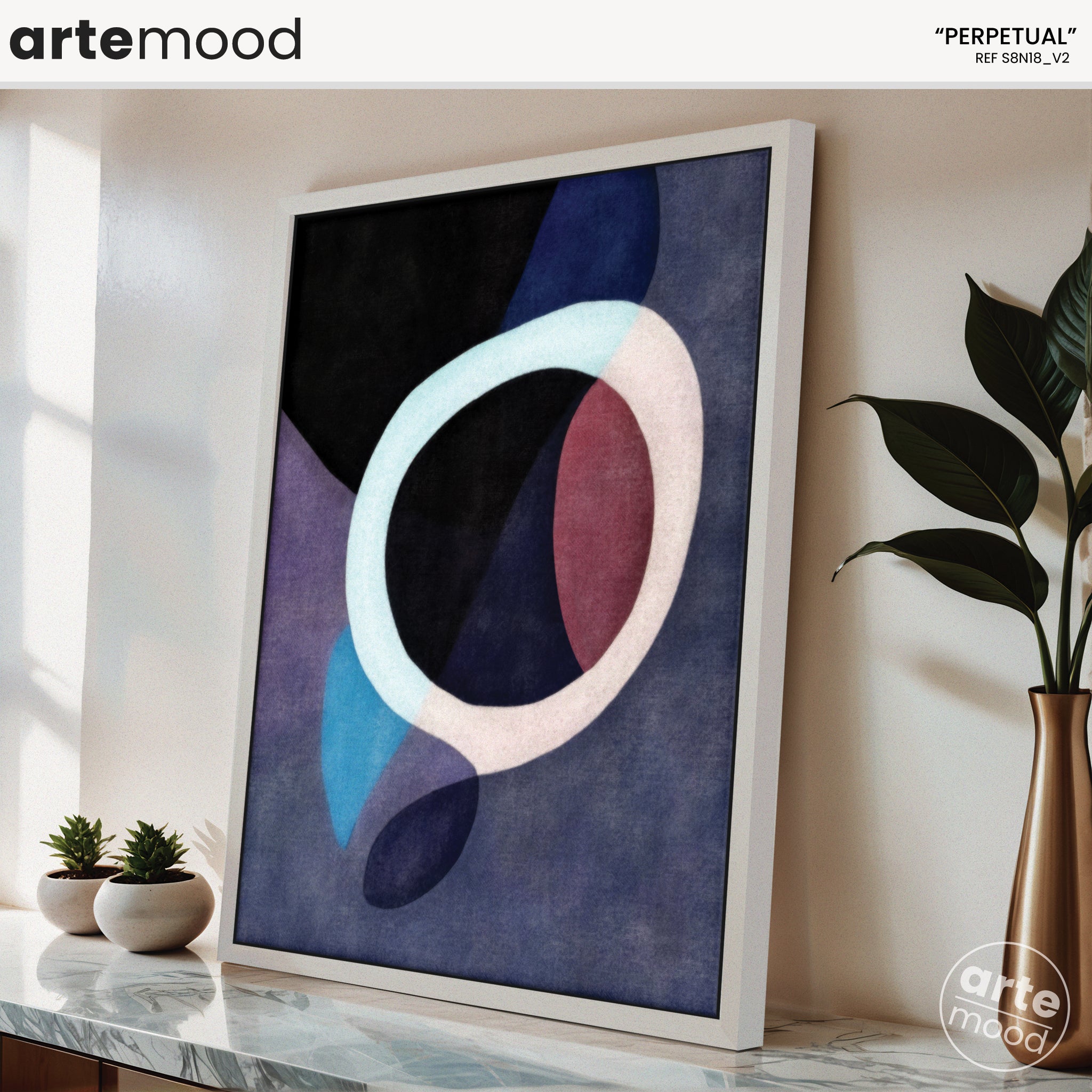 Abstract Artwork Print - Modern Art Canvas - Fluid Composition, Organic Forms, Soft Dark Tones, Light Circle