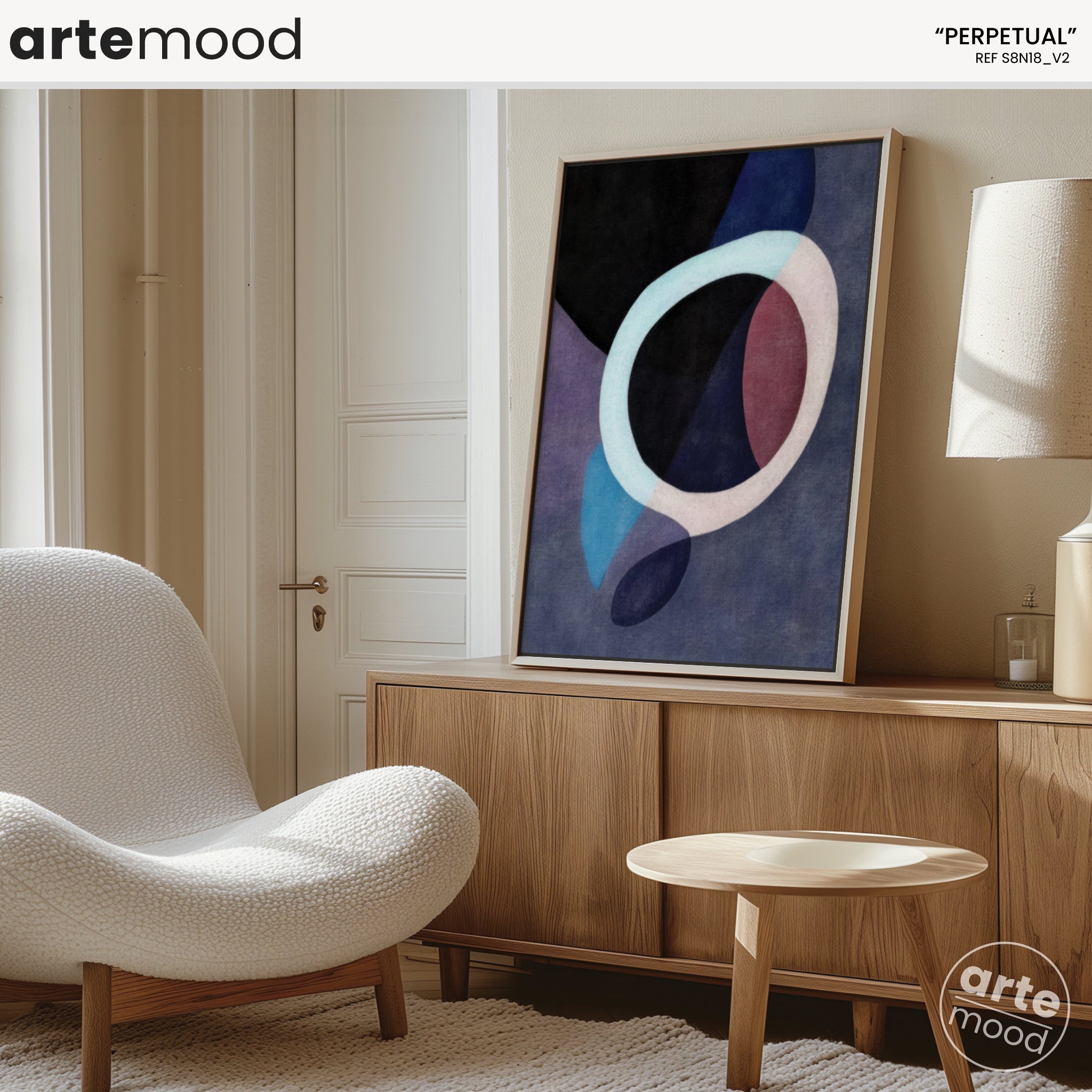 Abstract Artwork Print - Modern Art Canvas - Fluid Composition, Organic Forms, Soft Dark Tones, Light Circle