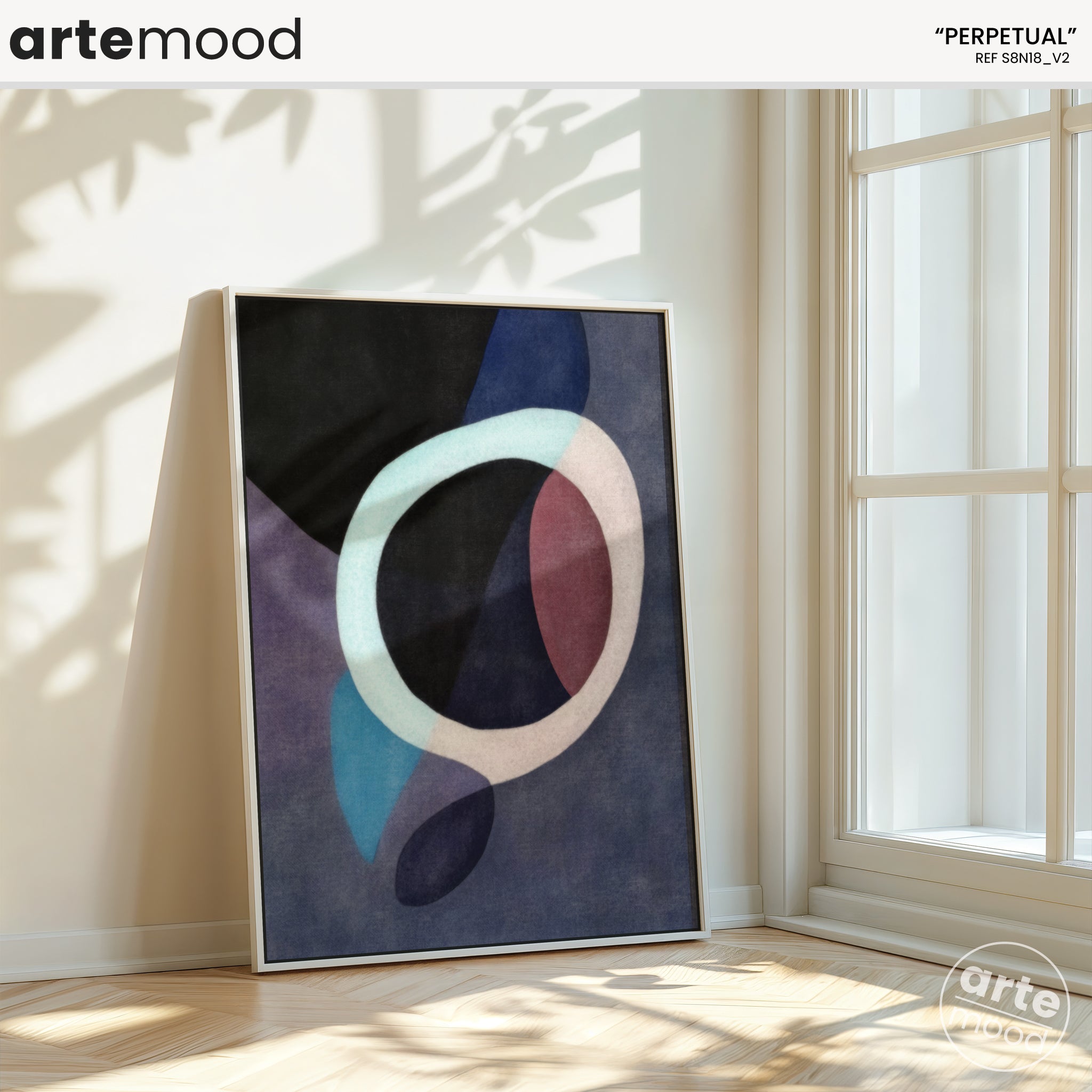 Abstract Artwork Print - Modern Art Canvas - Fluid Composition, Organic Forms, Soft Dark Tones, Light Circle