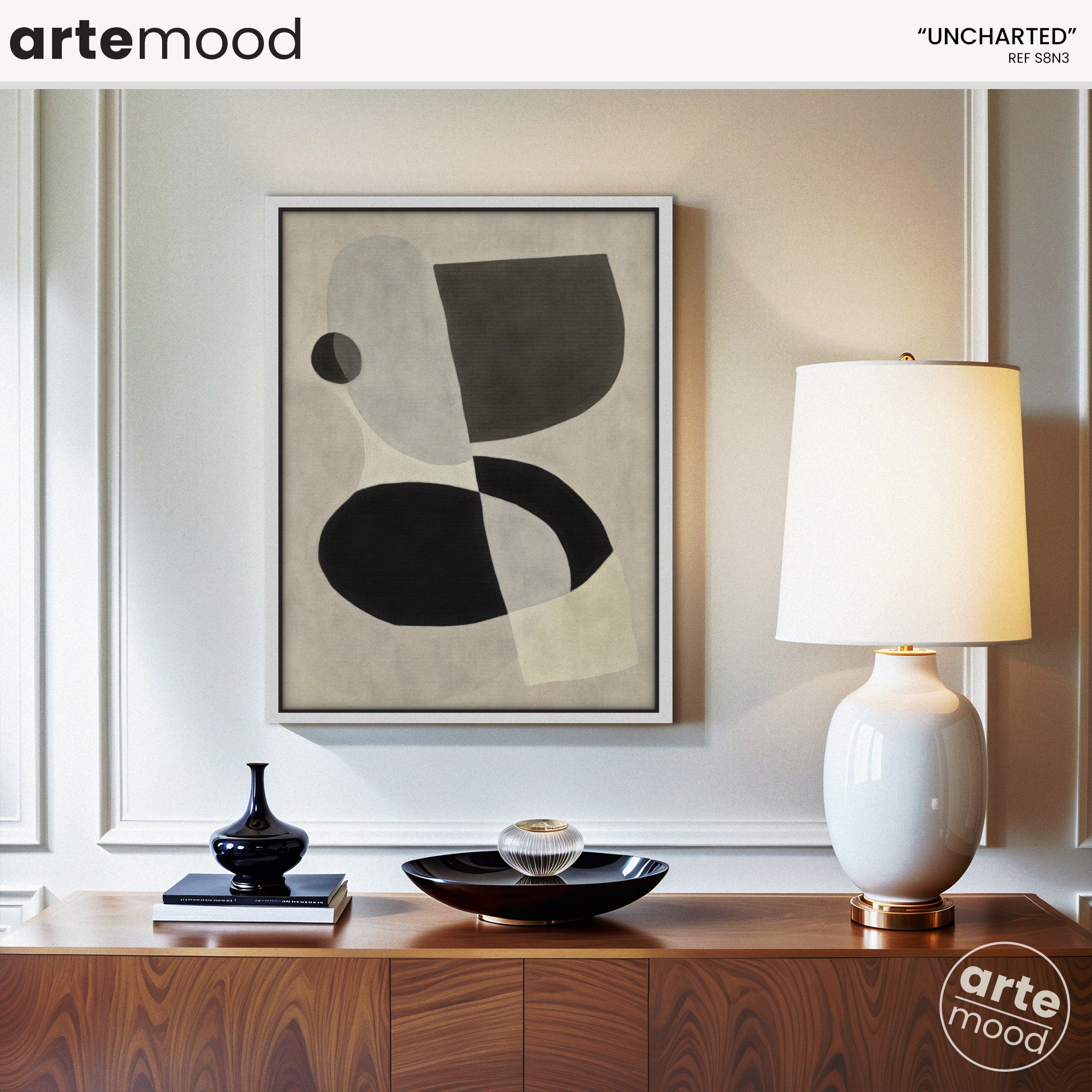 Abstract Artwork Print - Modern Art Canvas - Black, White, Minimal Curve Forms Composition Art Print