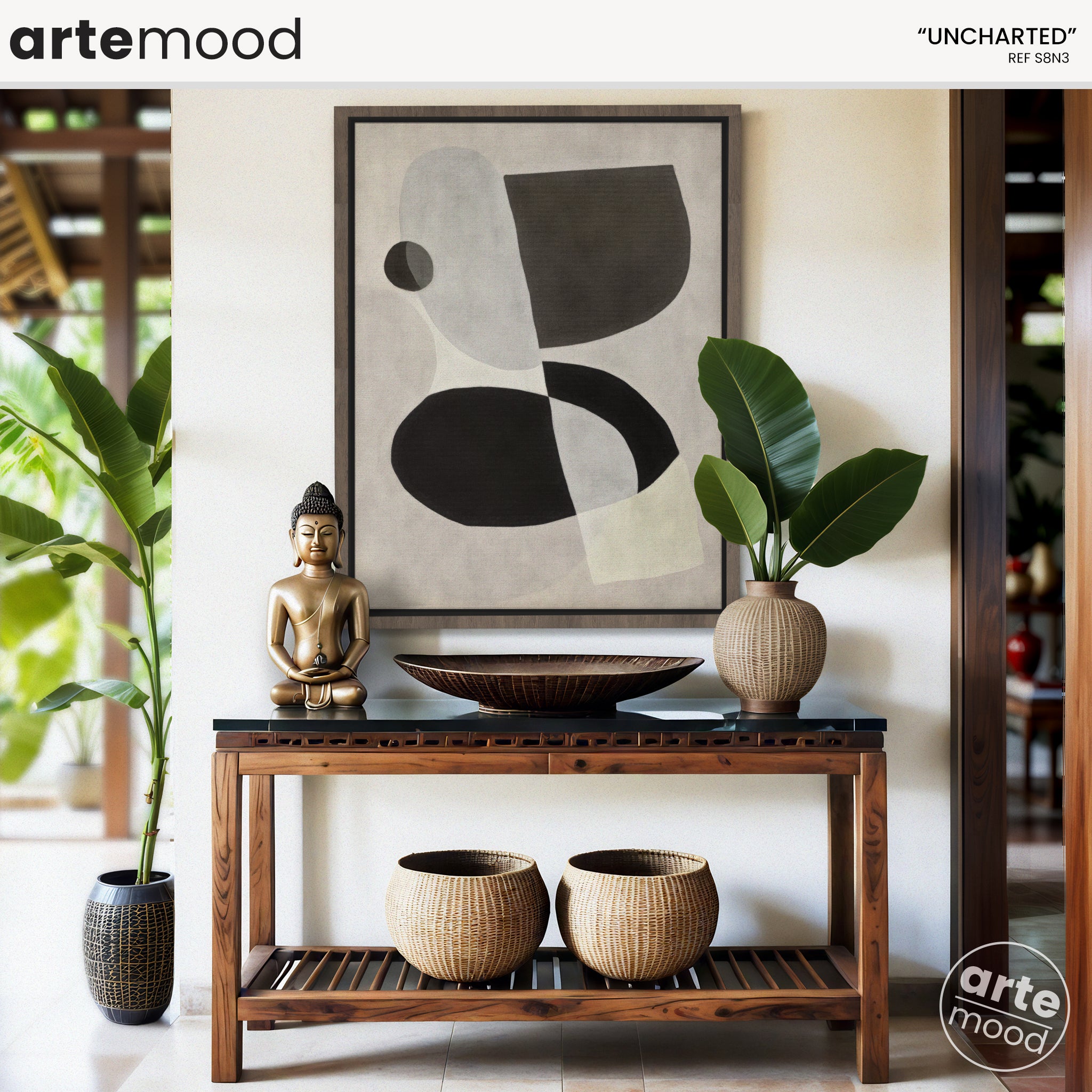 Abstract Artwork Print - Modern Art Canvas - Black, White, Minimal Curve Forms Composition Art Print