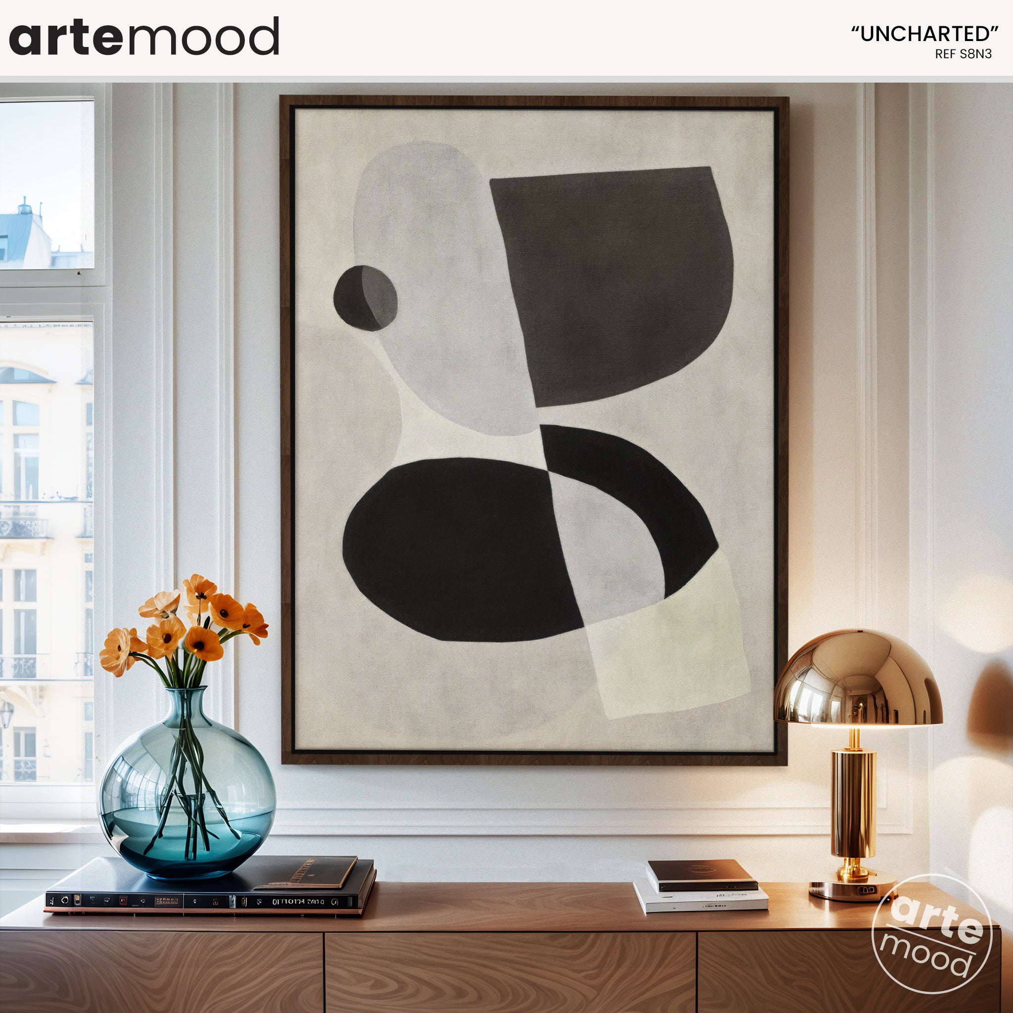 Abstract Artwork Print - Modern Art Canvas - Black, White, Minimal Curve Forms Composition Art Print