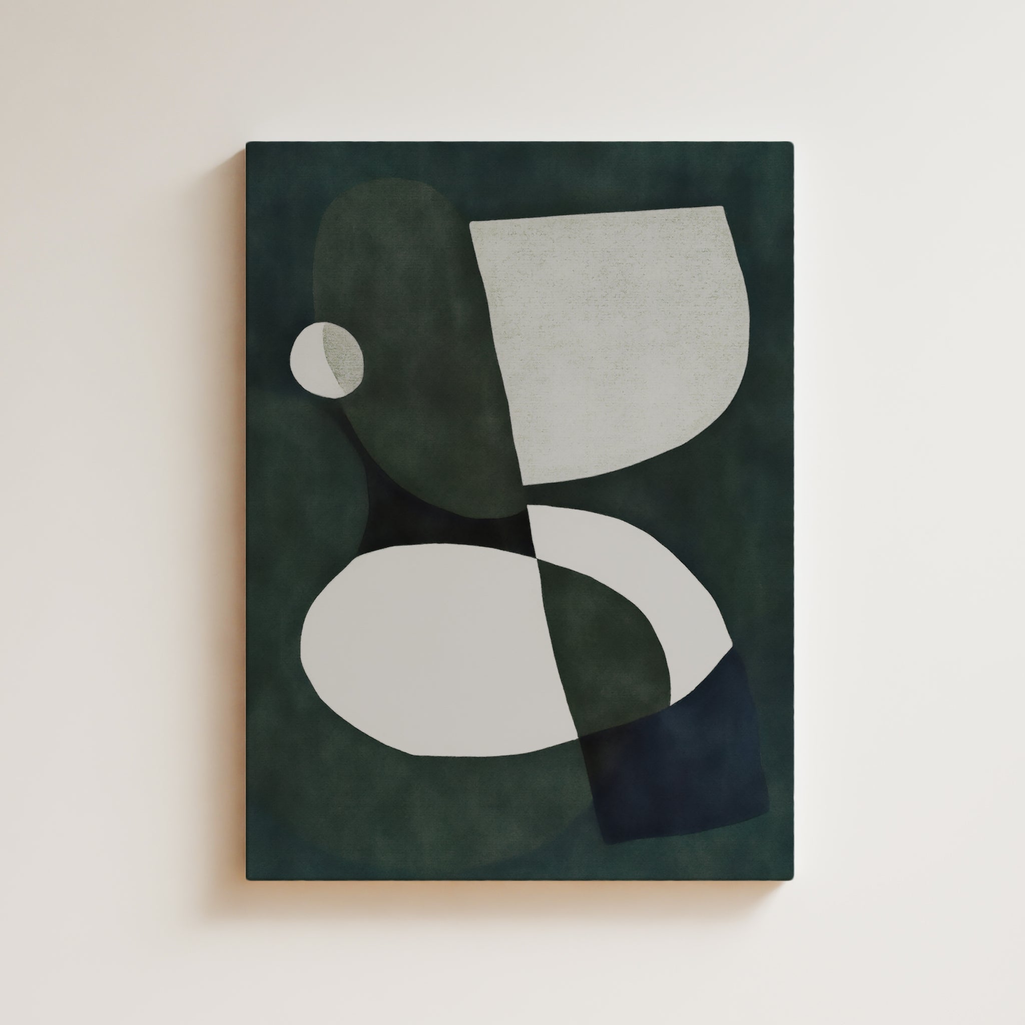 Abstract Artwork Print On Canvas - Minimalist Geometric Modern Art - Green White - Deep Contrast Color - Circle, Fluid Organic Forms, Minimal Zen Wall Art Decor