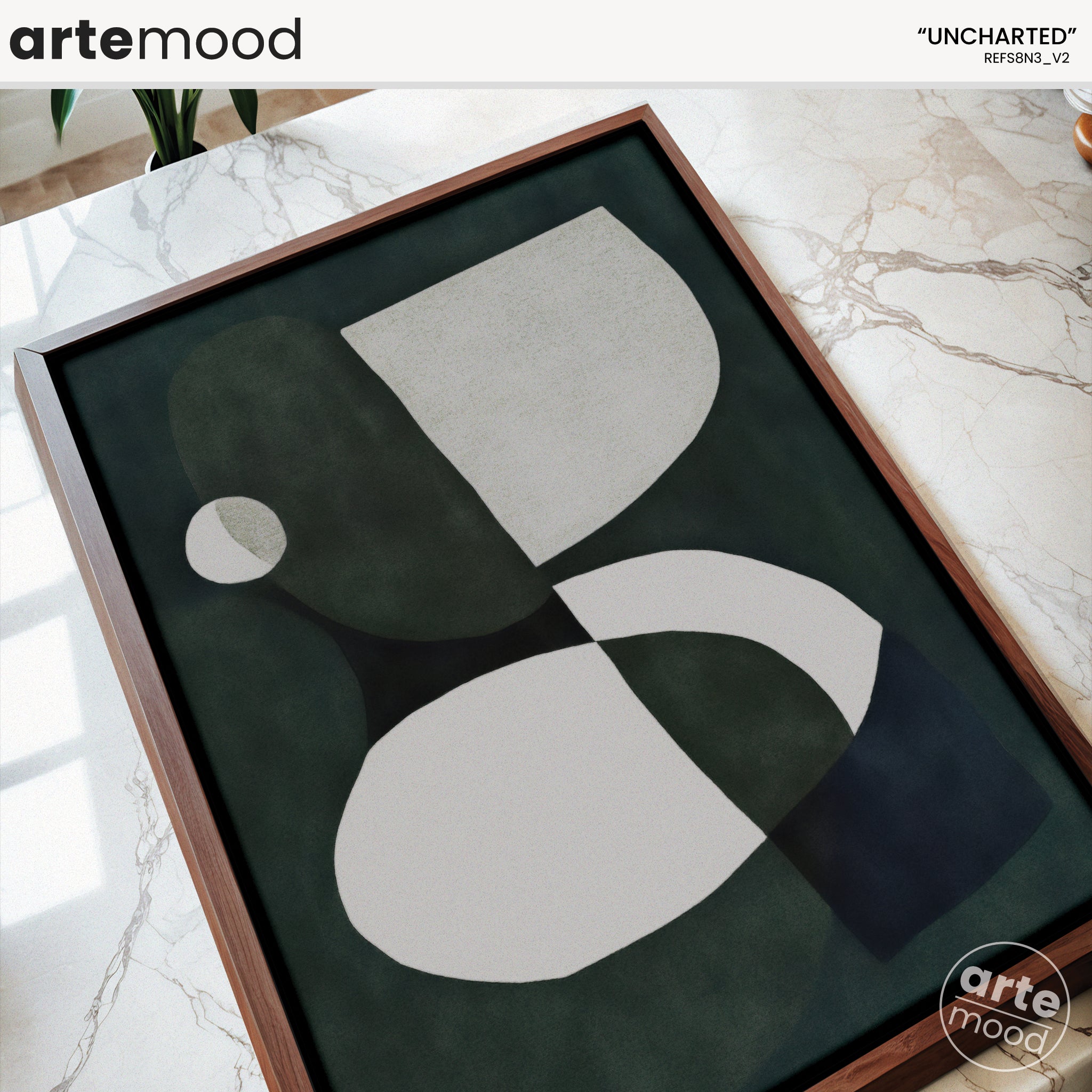 Abstract Artwork Print On Canvas - Minimalist Geometric Modern Art - Green White - Deep Contrast Color - Circle, Fluid Organic Forms, Minimal Zen Wall Art Decor