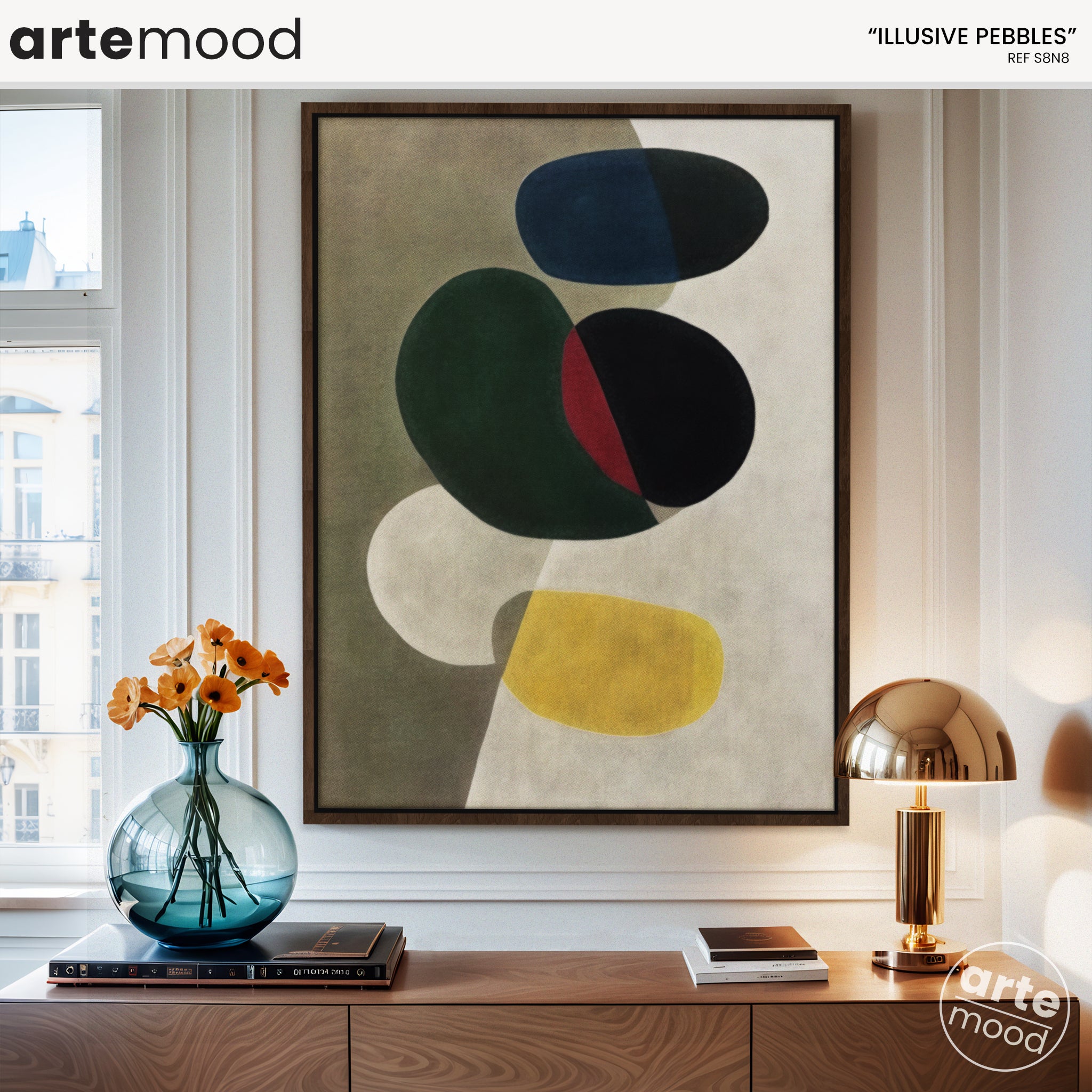 Abstract Artwork Print - Modern Art Canvas - Vibrant Color Art, Round Forms, Minimal Shapes, Green, Yellow, Blue