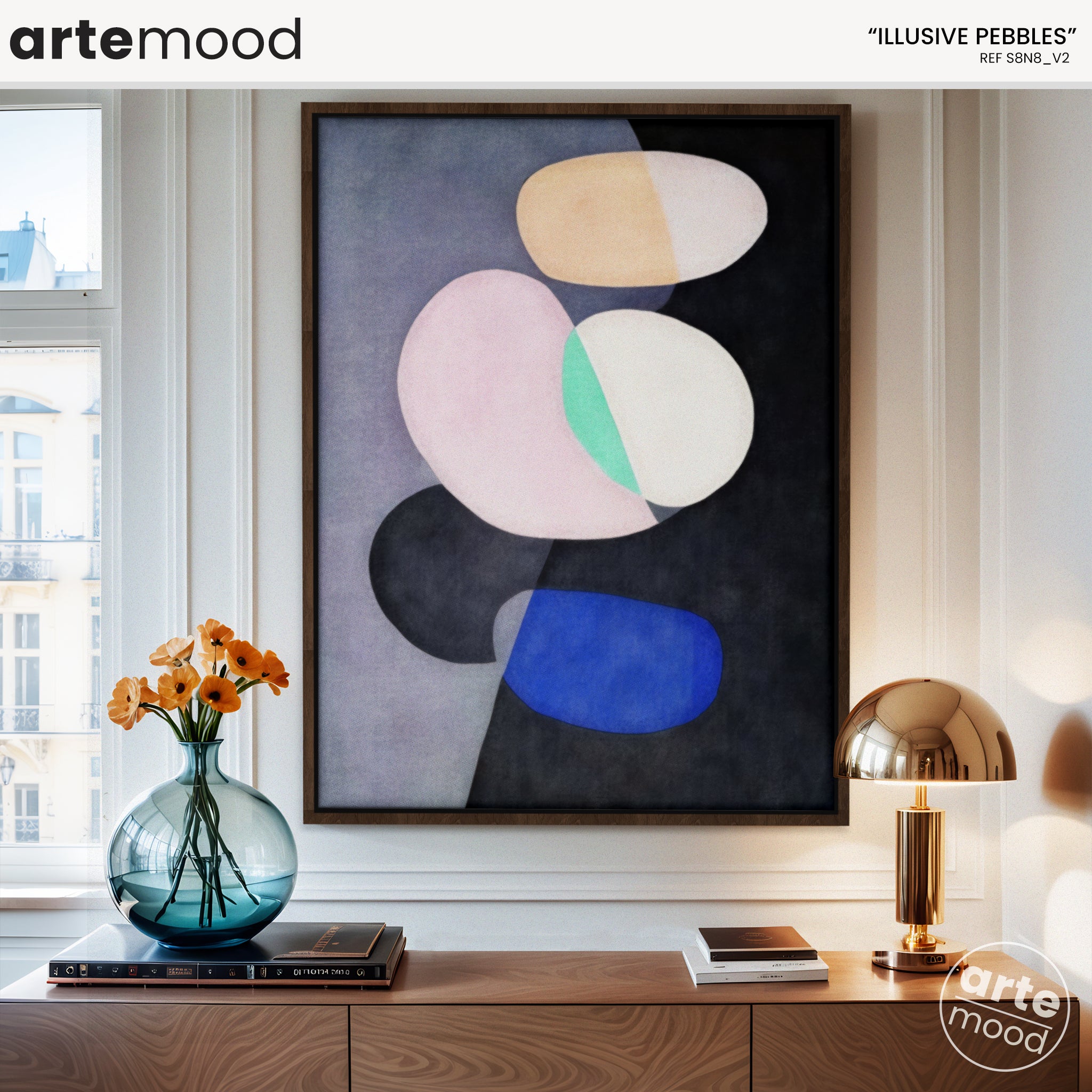 Abstract Artwork Print On Canvas - Minimalist Geometric Modern Art - Pastel Colors, Curve Shapes, Round Forms, Chic Wall Art