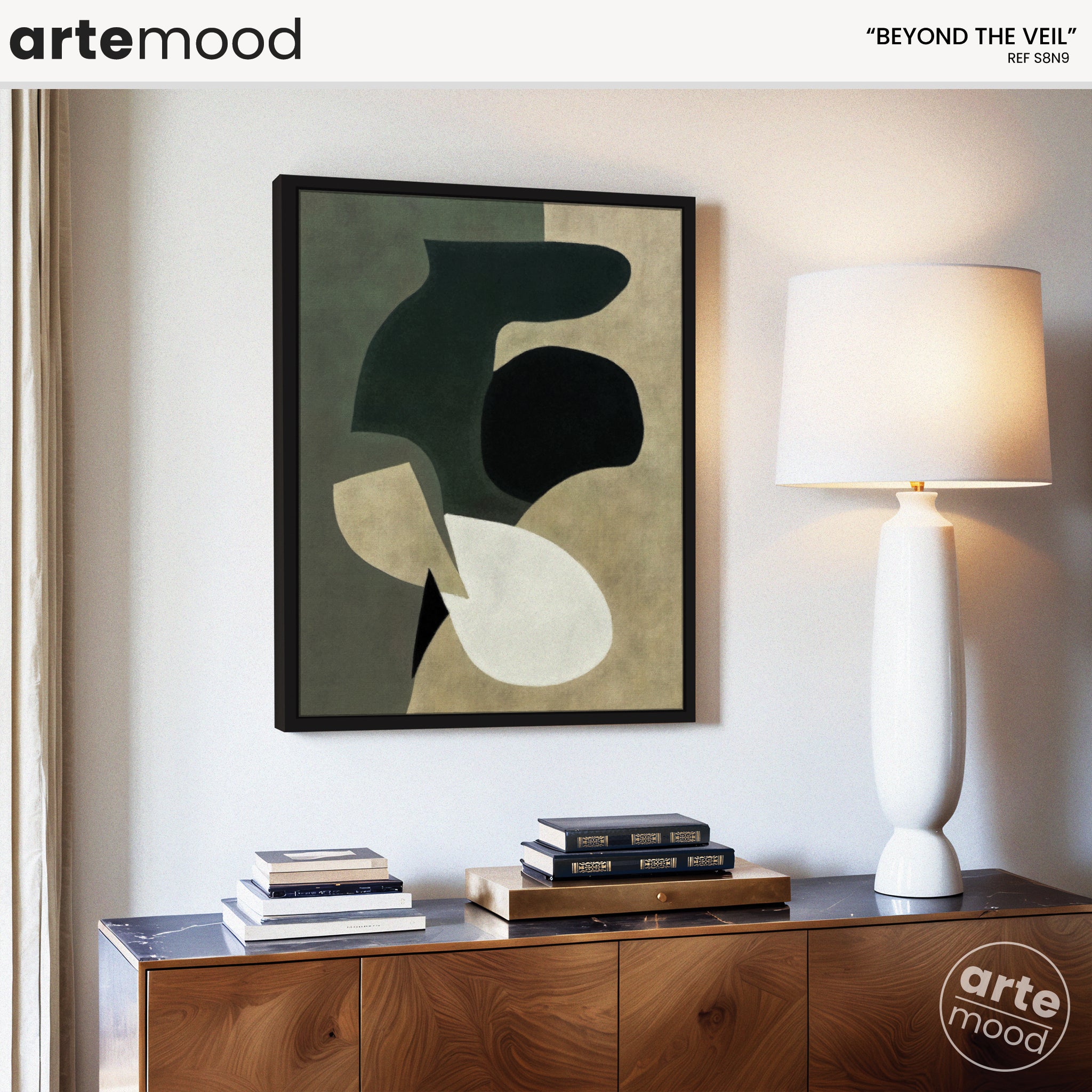 Abstract Artwork Print On Canvas - Minimalist Chic Composition Modern Art Print Framed - Green, Beige, Black, White